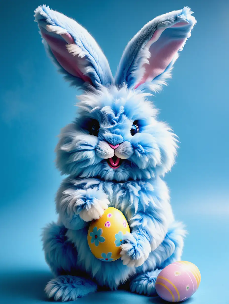 Adorable Blue Easter Bunny Playing with Colorful Eggs