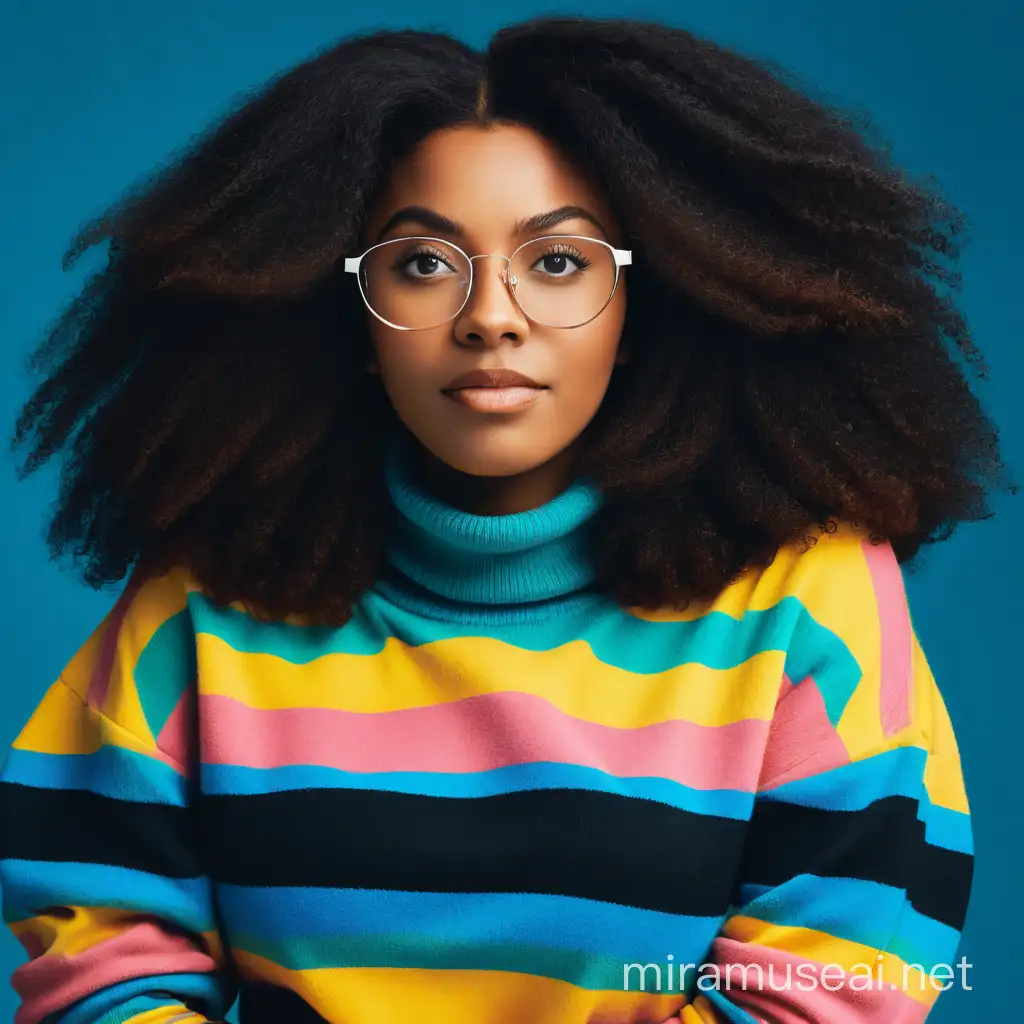 Disney pixar style of five beauriful 20 years old black lady, with stunning very short afro hair, wearing framed glasses, wearing turtle neck, front facing, looking straight into the camera, with different facial expressions, character shade: white background