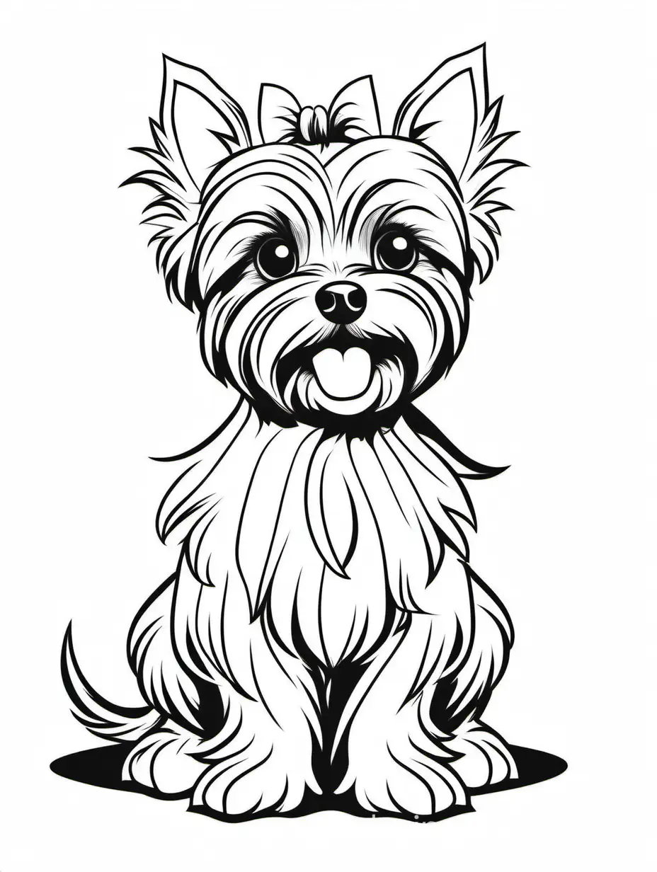 a sitting happy baby Yorkshire terrier, isolated on a solid white background, Coloring Page, black and white, line art, white background, Simplicity, Ample White Space. The background of the coloring page is plain white to make it easy for young children to color within the lines. The outlines of all the subjects are easy to distinguish, making it simple for kids to color without too much difficulty., Coloring Page, black and white, line art, white background, Simplicity, Ample White Space. The background of the coloring page is plain white to make it easy for young children to color within the lines. The outlines of all the subjects are easy to distinguish, making it simple for kids to color without too much difficulty