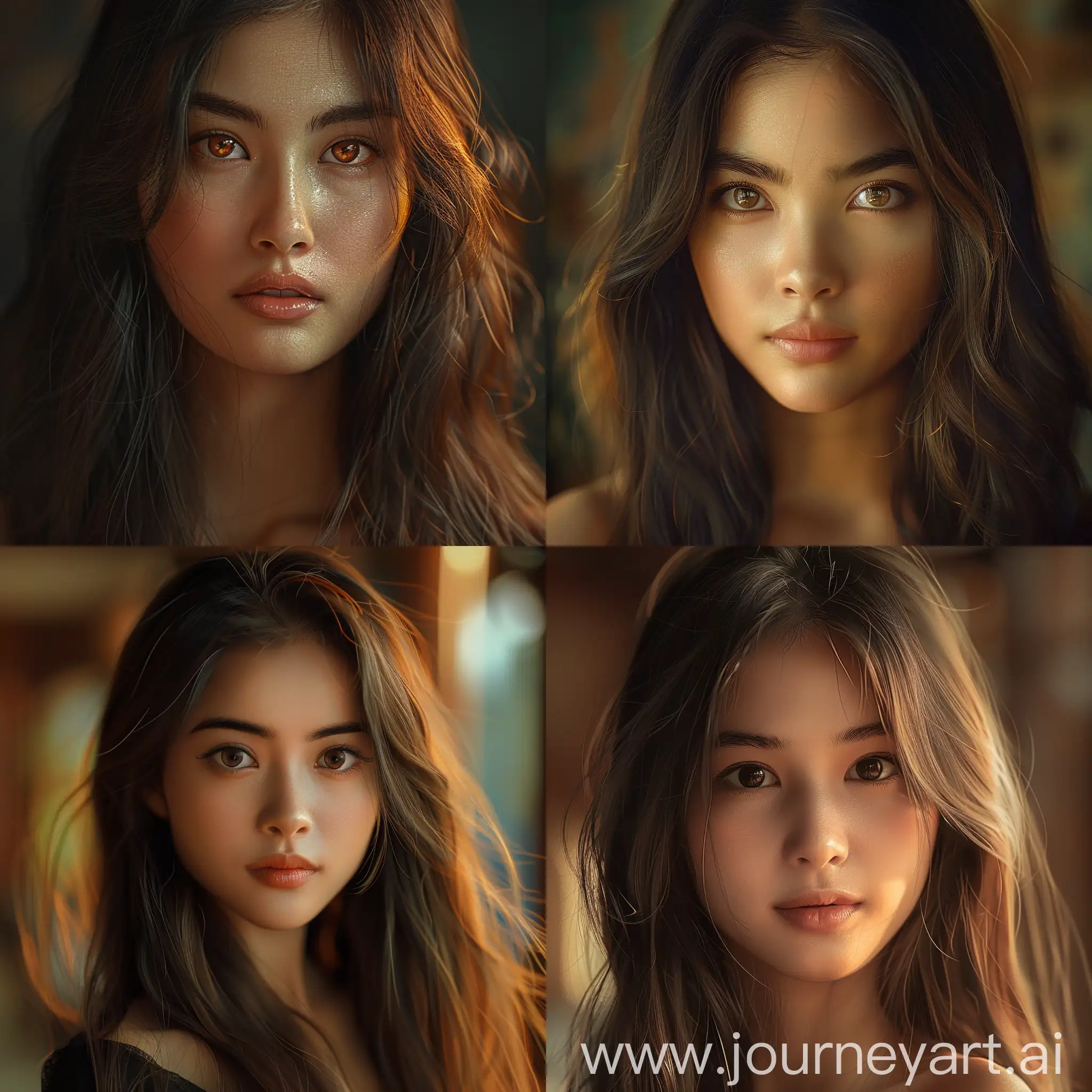 Créez une image portrait ultra-réaliste, semblable à une photographie, d'une jeune femme d'origine asiatique, spécifiquement thaïlandaise mixte, âgée de 18 à 25 ans. Elle devrait être particulièrement jolie, avec des traits distinctifs reflétant son héritage mixte. Ses caractéristiques devraient inclure une peau claire avec une légère touche dorée, des yeux expressifs qui capturent l'attention du spectateur, et des cheveux longs, possiblement légèrement ondulés, qui encadrent son visage de manière flatteuse. Son expression devrait être douce mais confiante, avec un léger sourire qui invite à la bienveillance. L'éclairage de l'image doit mettre en valeur sa beauté naturelle, avec des tons chauds qui complètent son teint. L'arrière-plan devrait être flou pour mettre l'accent sur son portrait, en se concentrant sur sa présence captivante.