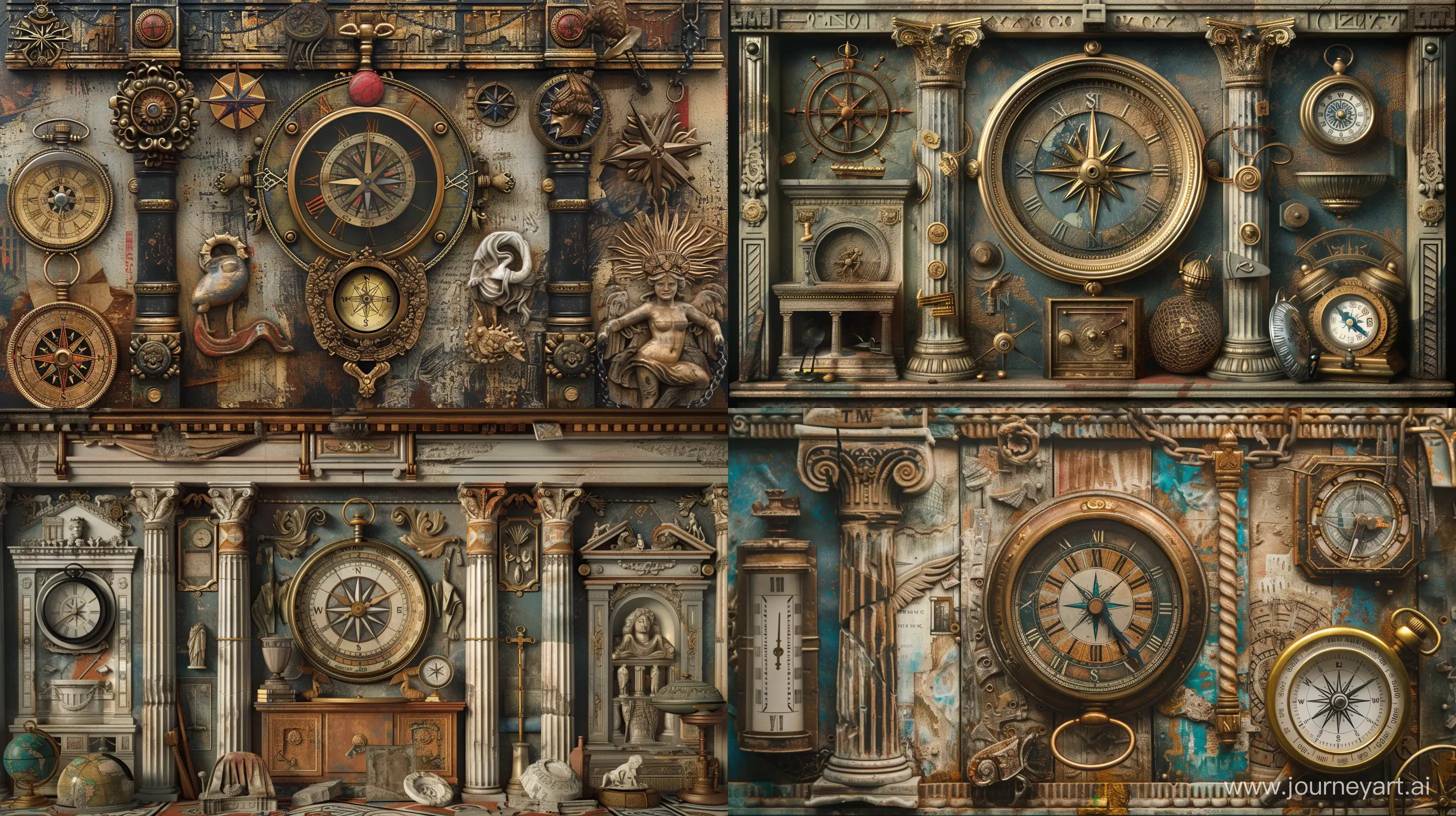 **elegantism, insane detail, painting masterpiece ,Extreme authentic decor , pocket watch, perfect exact rendering, embellished and intricate architectural ornamentations, compass, many Greek artifacts, greebles::2 --ar 16:9 --q 1