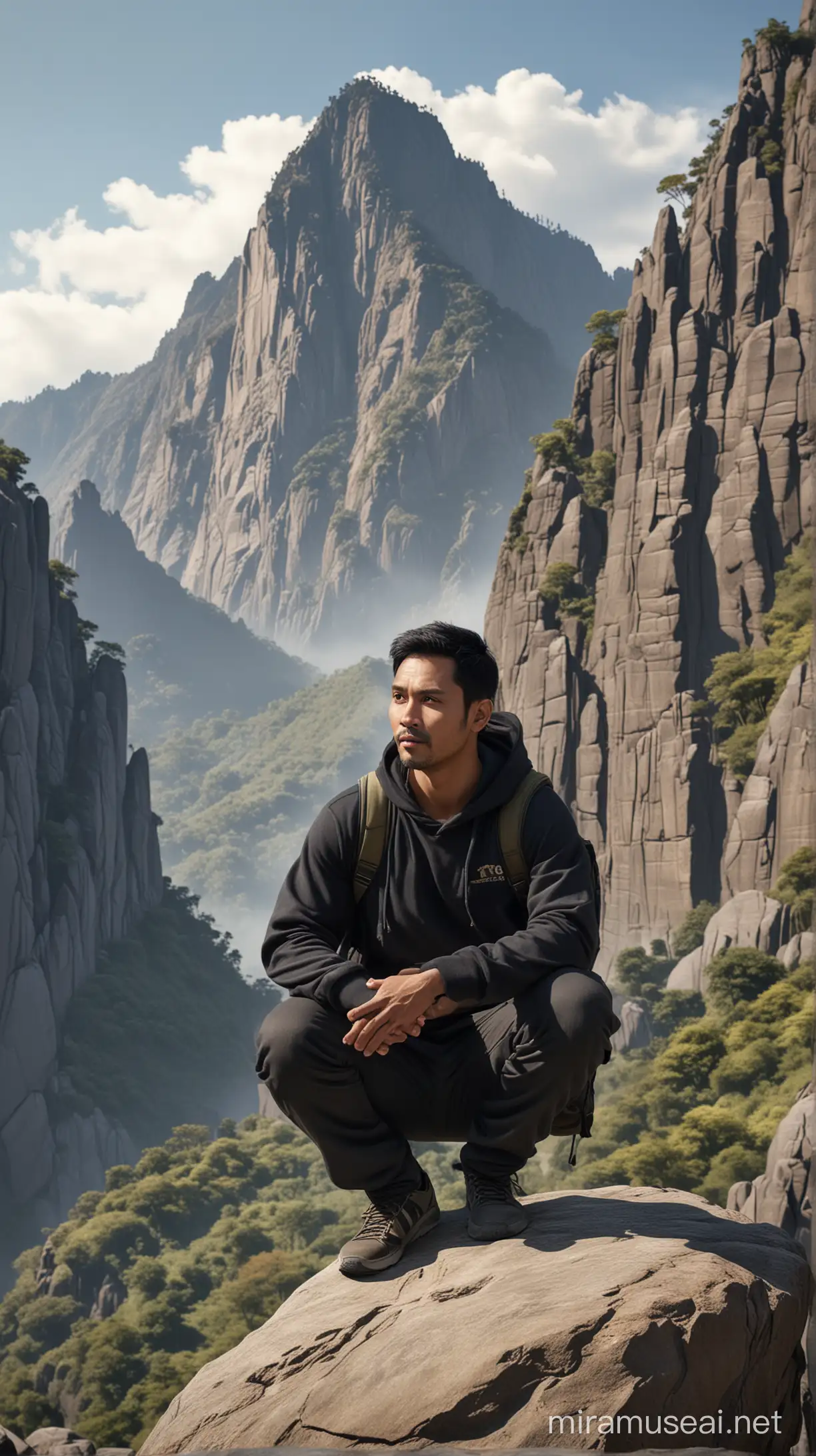 Indonesian Man Relaxing on Rock with Kong in Mountain Landscape