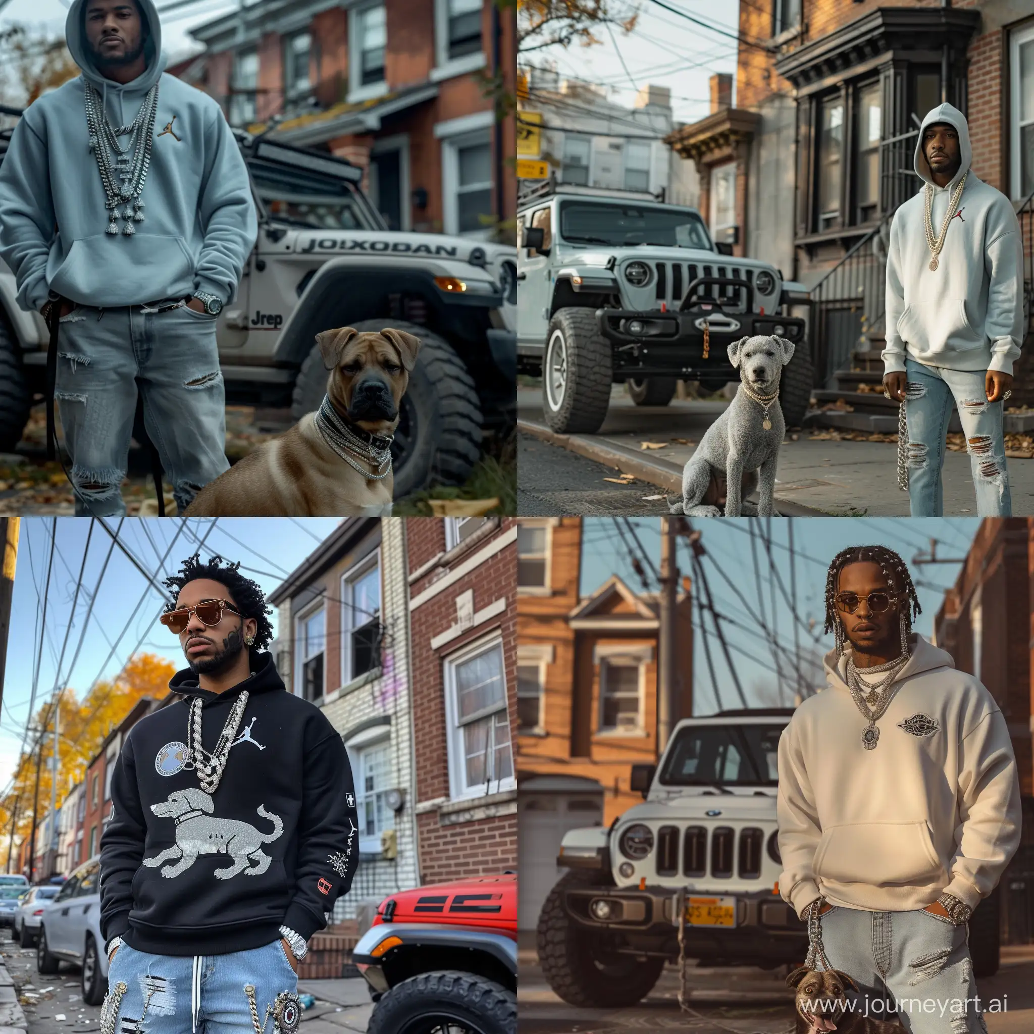 Courage the cowardly dog. Iced out jewelry. Skinny jeans. Jordan 1s. Jordan hoodie. In the Bronx, New York City in a trap house outside is a 2023 bmw 4x4 jeep