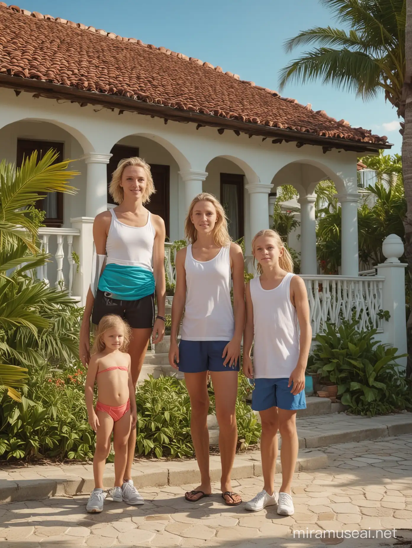 A 4K, real professionally done Hyperdetailed photo of Europeans white caucasian family holidays sportwear  in front of a beautiful typical carribean house, Professional lighting, candid celebrity shots, uhd image, body extensions, natural beauty --ar 69:128 --s 750 --v 5. 2
