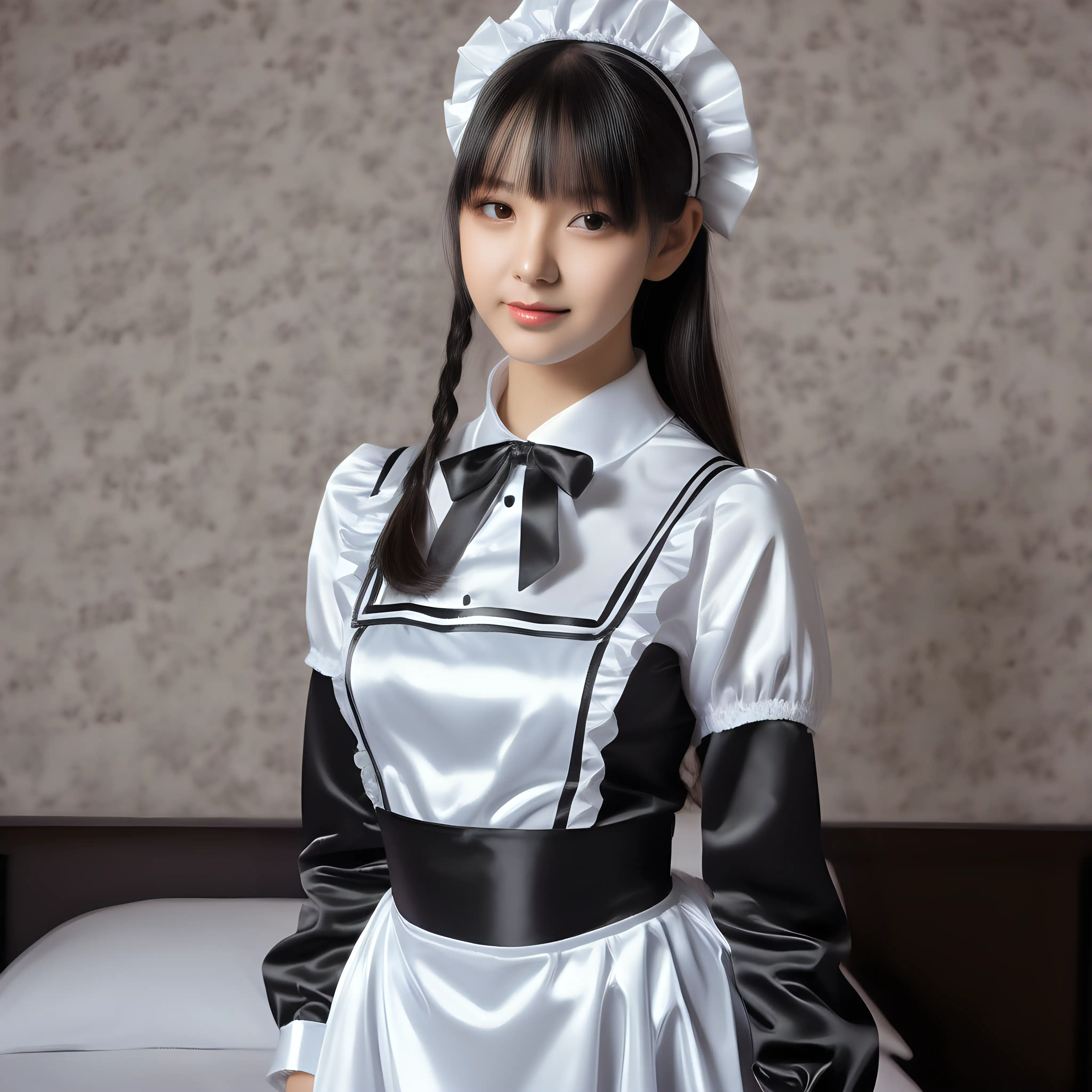 Elegant Maid in Satin Uniform Graceful Girl in Luxurious Attire