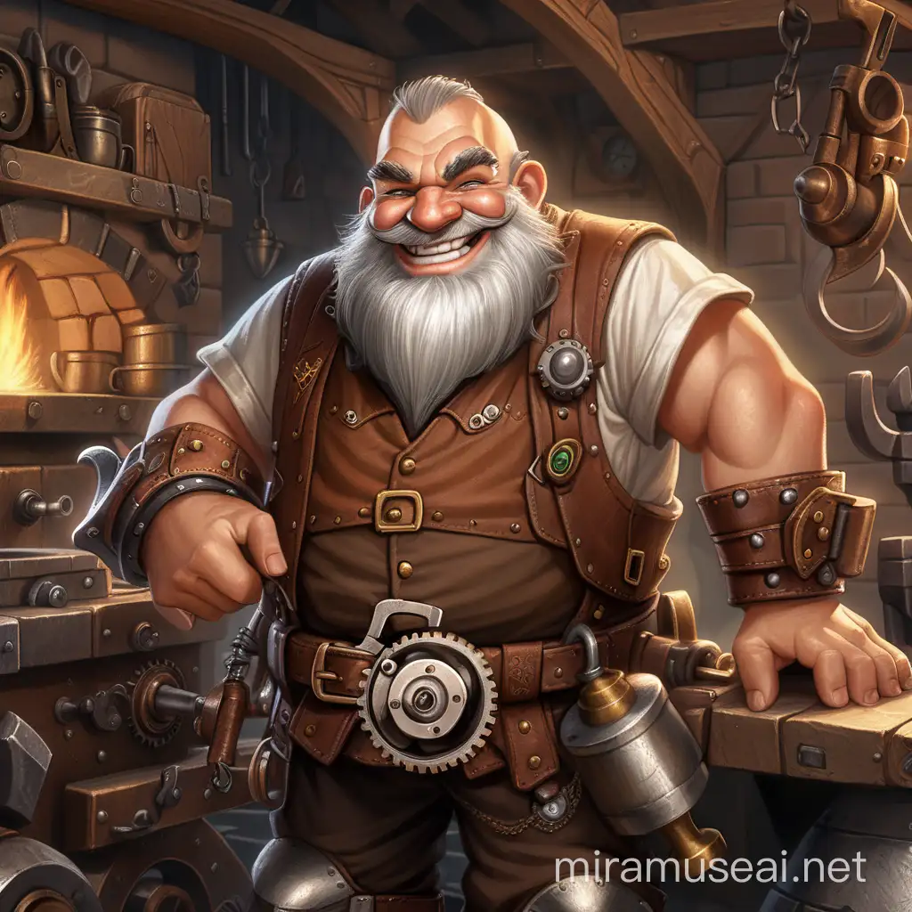 a happy steampunk influenced fantasy dwarf blacksmith