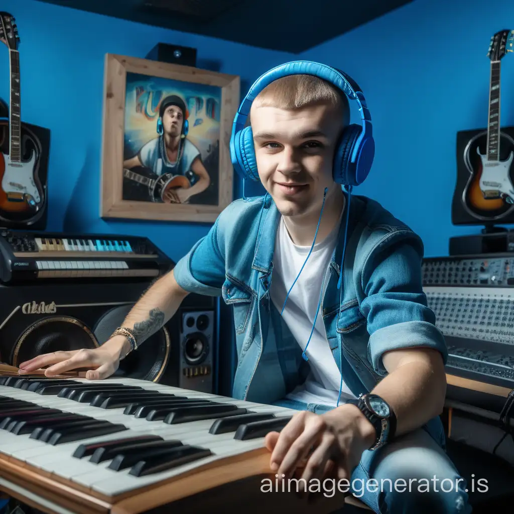 A young rapper of Slavic appearance in blue headphones sits in a music studio and creates his track, surrounded by musical instruments, radiating joy.