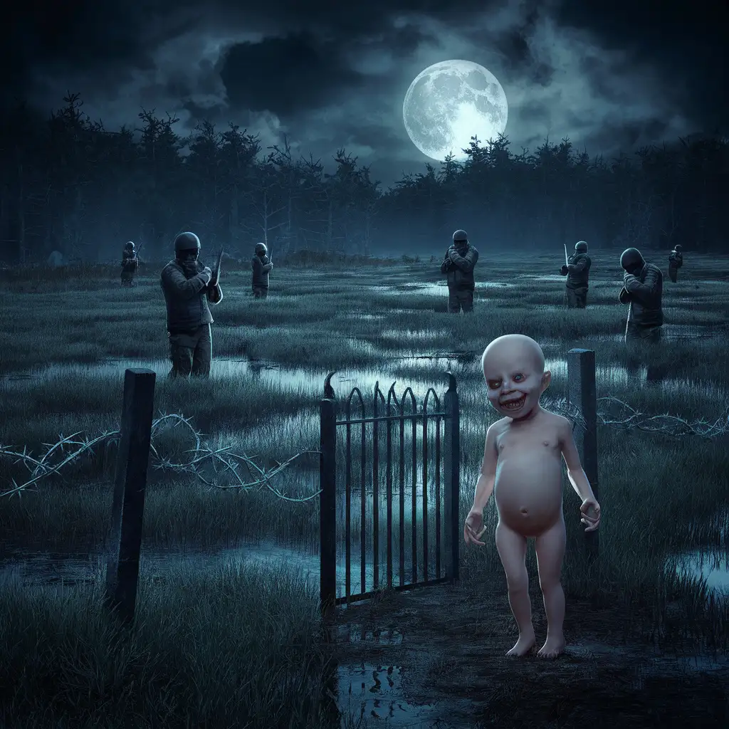Sinister Night Scene Smiling Fetus by Swampy Forest Fence with Soldiers