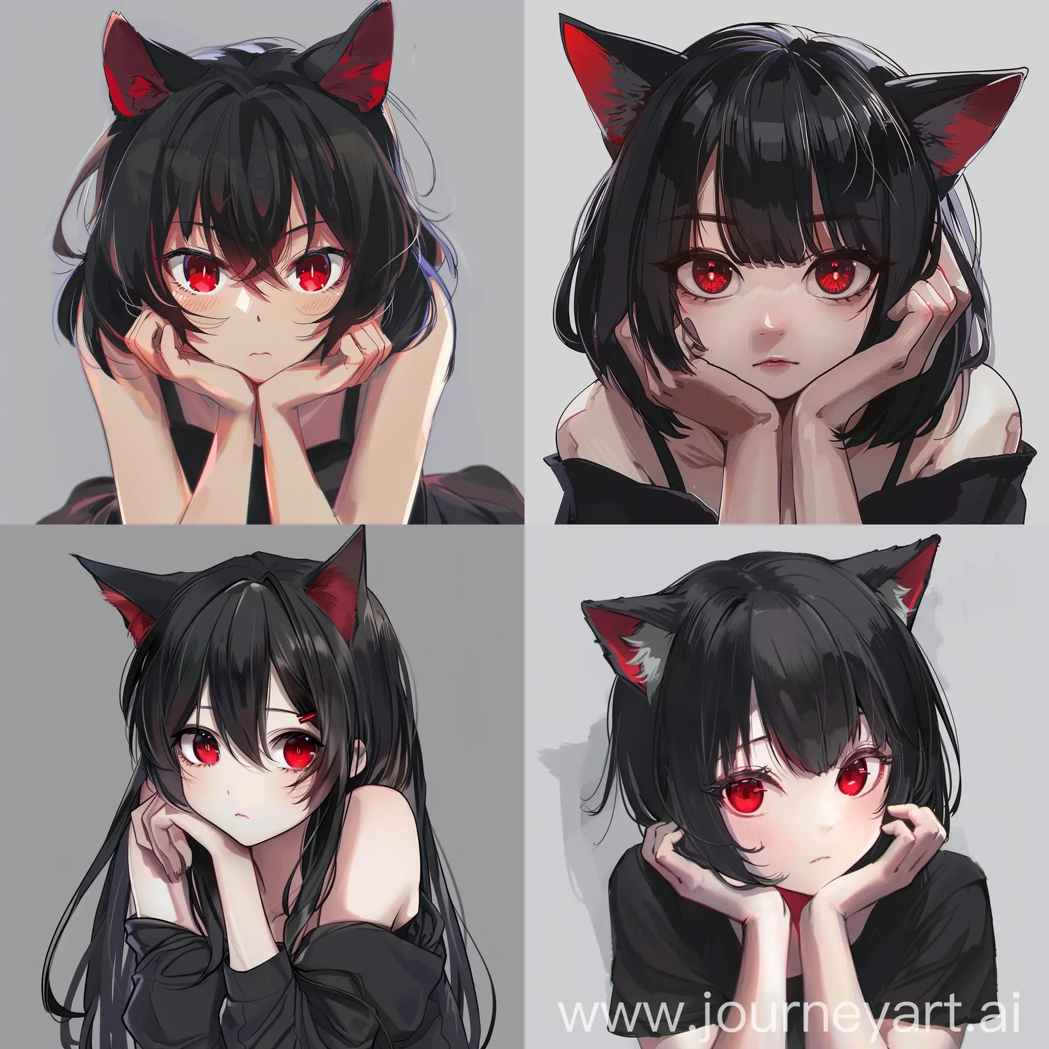 anime girl with pitch black hair and floppy cat ears and bright red eyes posing