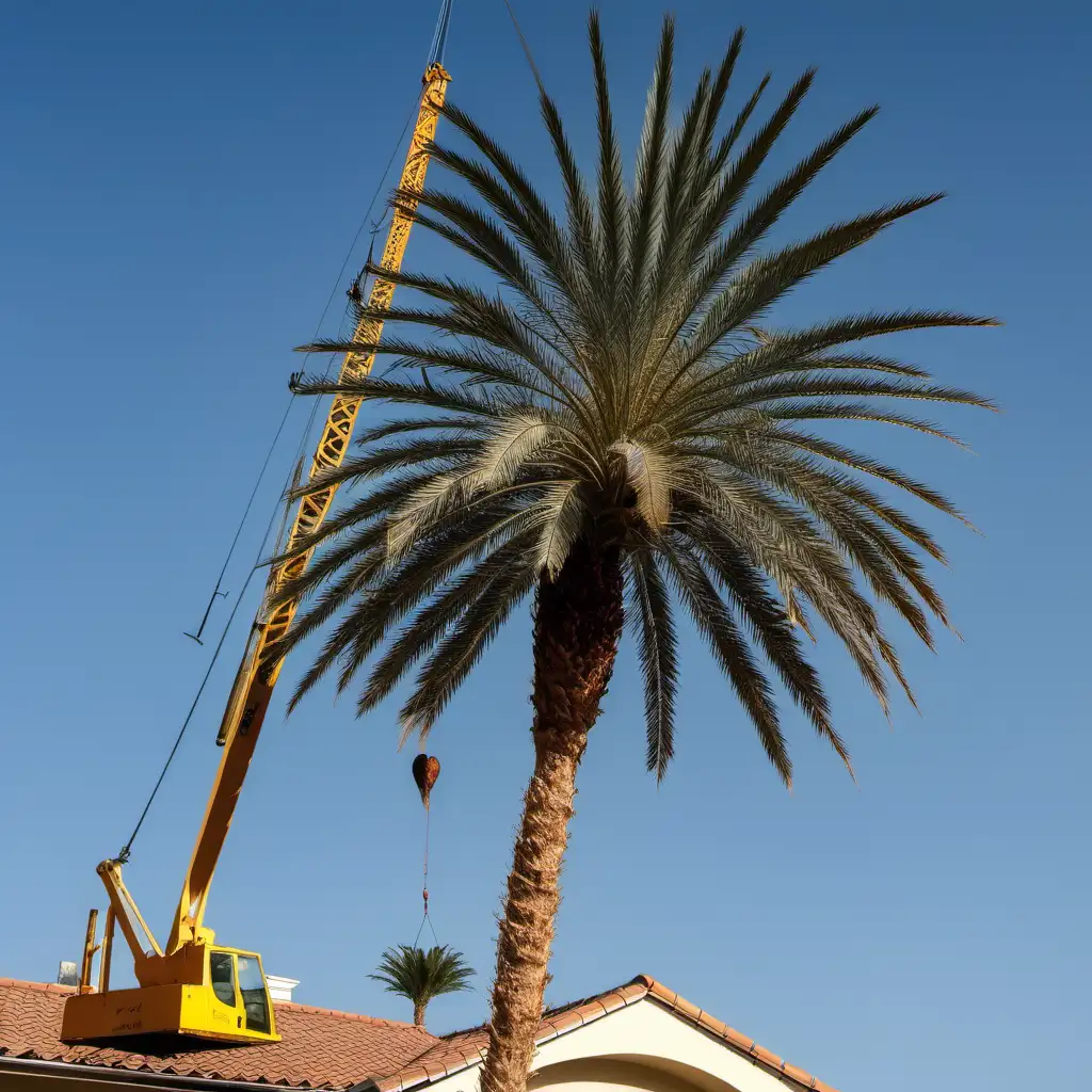 a date palm lifting a crane above a house
