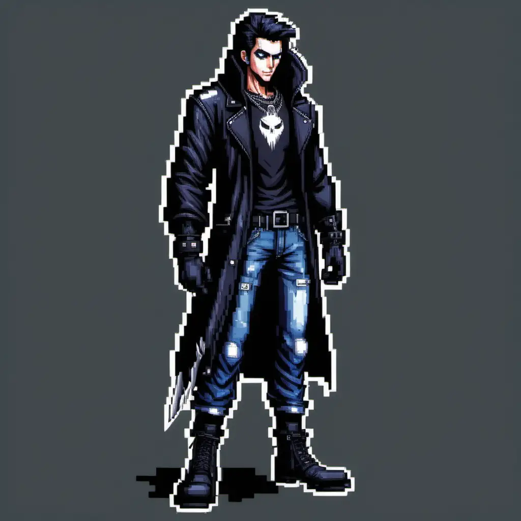2d pixel art beat em up style, a tall and lean figure with a mysterious aura.
He wears a black leather jacket with the gang's emblem on the back, a stylized Raven.
The jacket has a high collar, emphasizing his enigmatic presence.
His pixel art face is obscured by a shadowy hood, only revealing his sharp eyes and a slight smirk.
he sports fingerless gloves, each adorned with a small silver raven emblem.
Dark jeans and combat boots complete his ensemble.

his hair is jet black and slicked back, partially hidden by the hood.
His pixel art eyes are piercing and shrouded in mystery, with a subtle glow to convey his stealthy nature.
A thin, well-groomed pixel art beard adds to his rugged appearance.

Around his neck, Ace wears a silver pendant in the shape of a raven's feather.
A utility belt holds various tools for stealth and evasion, such as smoke bombs and lockpicks.

his jacket has subtle pixel art animations of shifting shadows, giving the impression of concealed movement.
His boots have retractable blades, emphasizing his readiness for quick and silent attacks.
