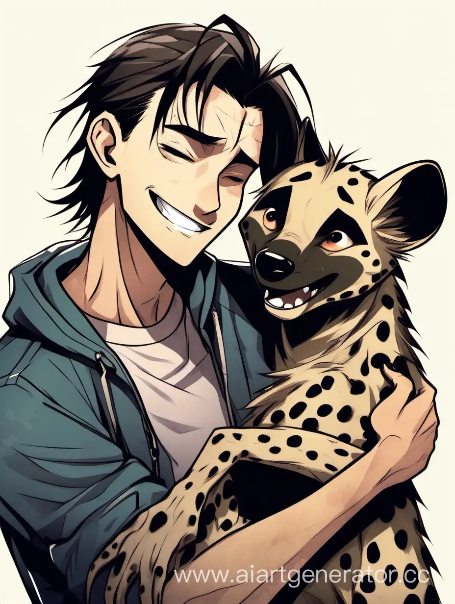 DarkHaired-Man-Embracing-Spotted-Hyena-with-Joy