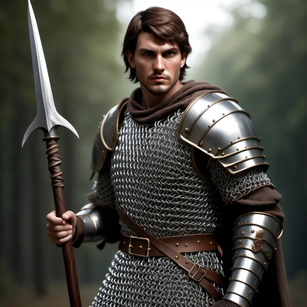 Hyper realistic human male. Short brown hair, tall, handsome, strong, tough, chain mail armor, holding a spear