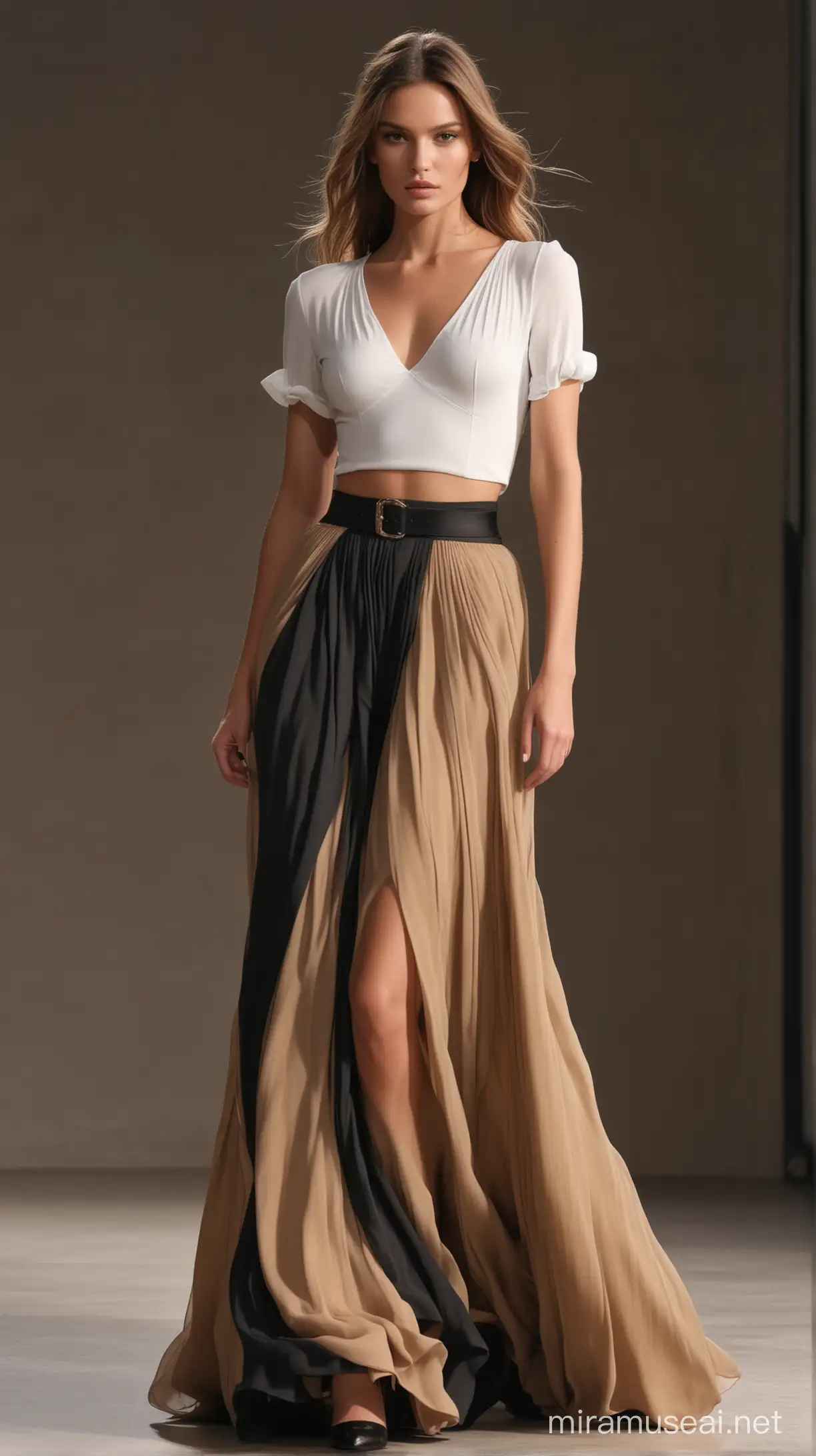 Stunning supermodel runway motion for Montelago brand, front angle, wearing white top and very long flowy, 2 colors(camel and black charcoal) chiffon skirt, hands in the pockets , hyper-realistic, Alexander McQueen style
