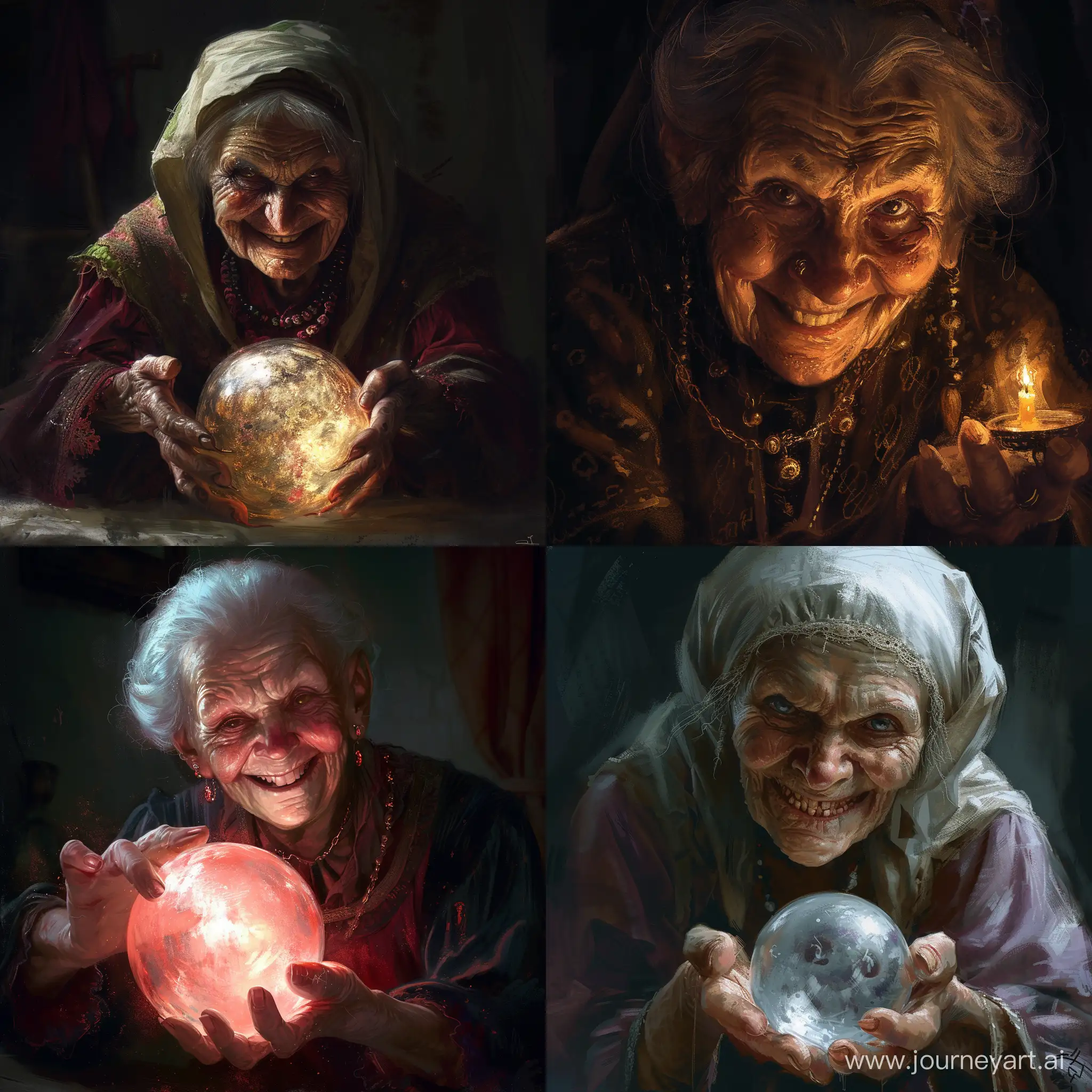 An old woman, fortune teller with a malicious smile. Dark fantasy. --v 6 --ar 1:1 --no 89346