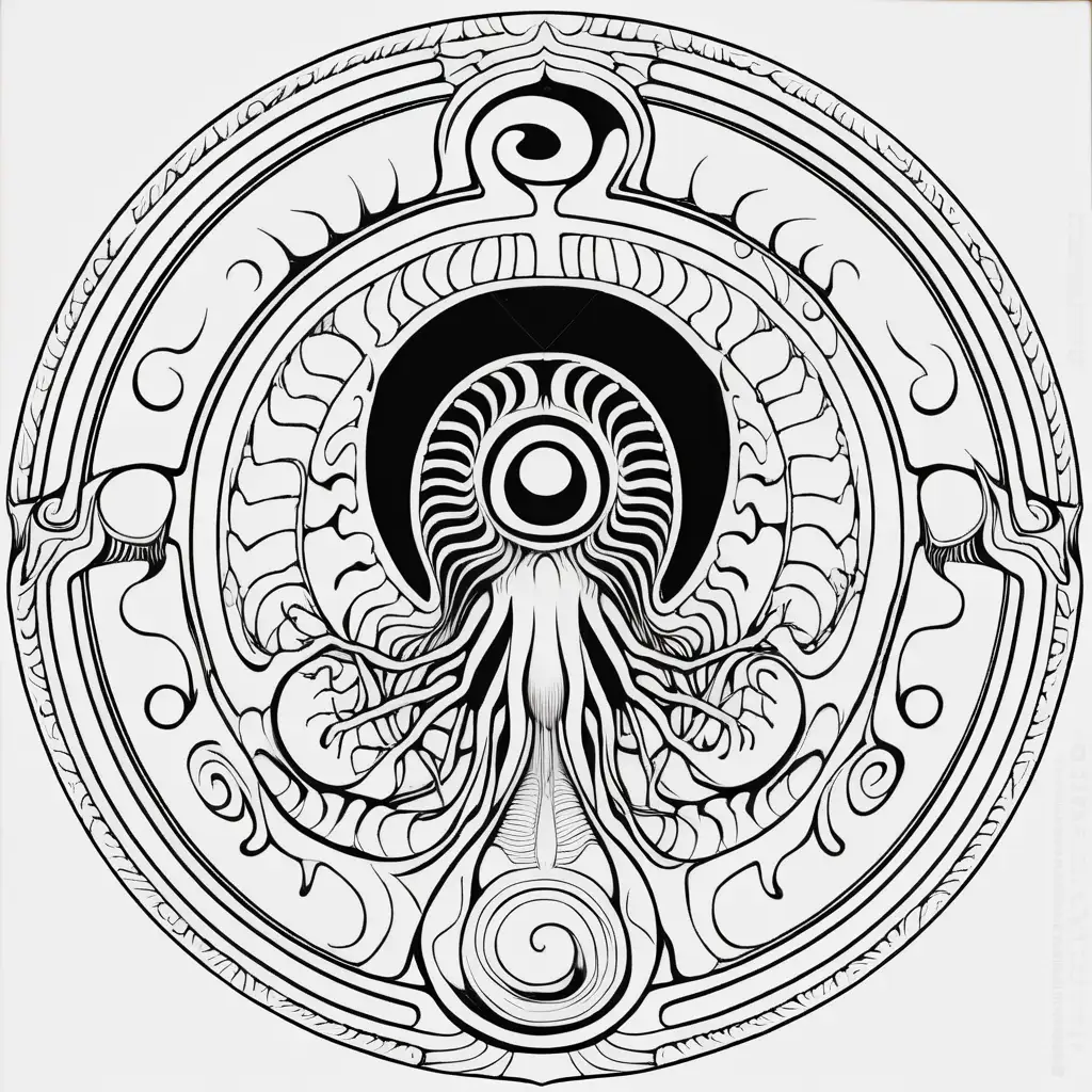 Coloring book image. Black and white only. Symmetrical and balanced mandala with disgusting slimy, dripping human-snail shell hybrid in style of H.R Giger. Clean and clear outlines that allow for easy coloring. Ensure the design provides ample space for creativity and coloring.