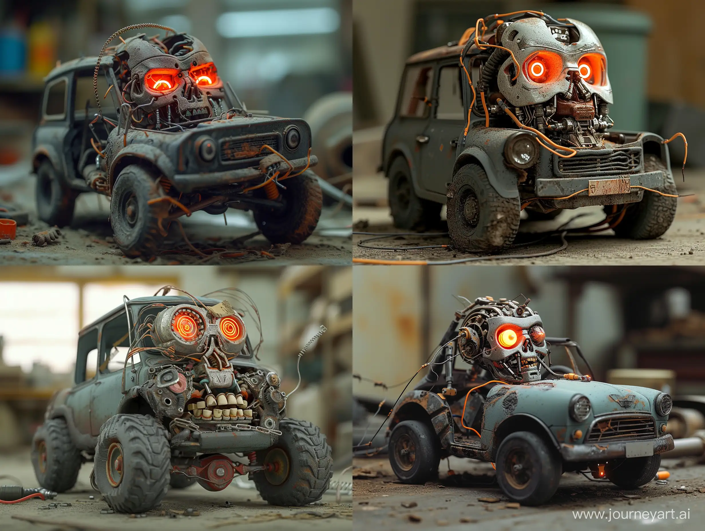 Create a 3d huge big abandon Tamiya mini 4wd car, toy character. Take off some uneven face part. Robot cyborg head, expose some metal bones and cable. check and repair by few mechanic with color theme dark grey light grey mix with orange red. Neon eye. Figure reference Michael lau toy character. Location at the toy garage --v 6 --ar 4:3 --no 38323