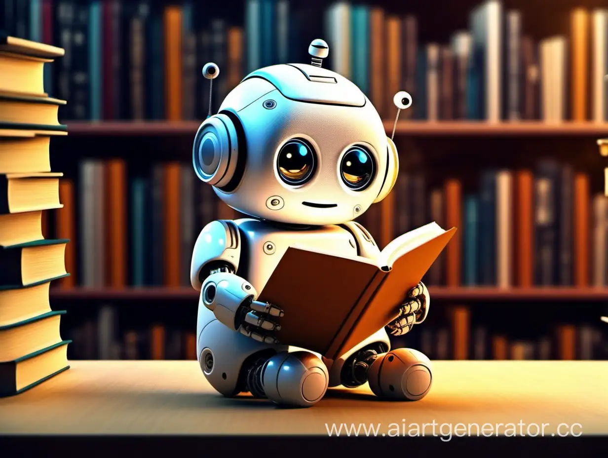 little cute robot reading in library and smile comfort atmosphere soft lwarm ight
