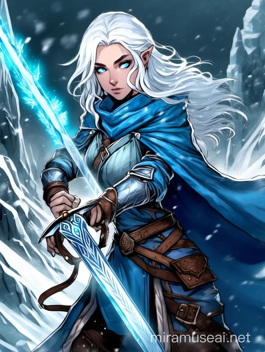 dnd girl  ice mage with white hair and blue eyes holding a sword made of ice
