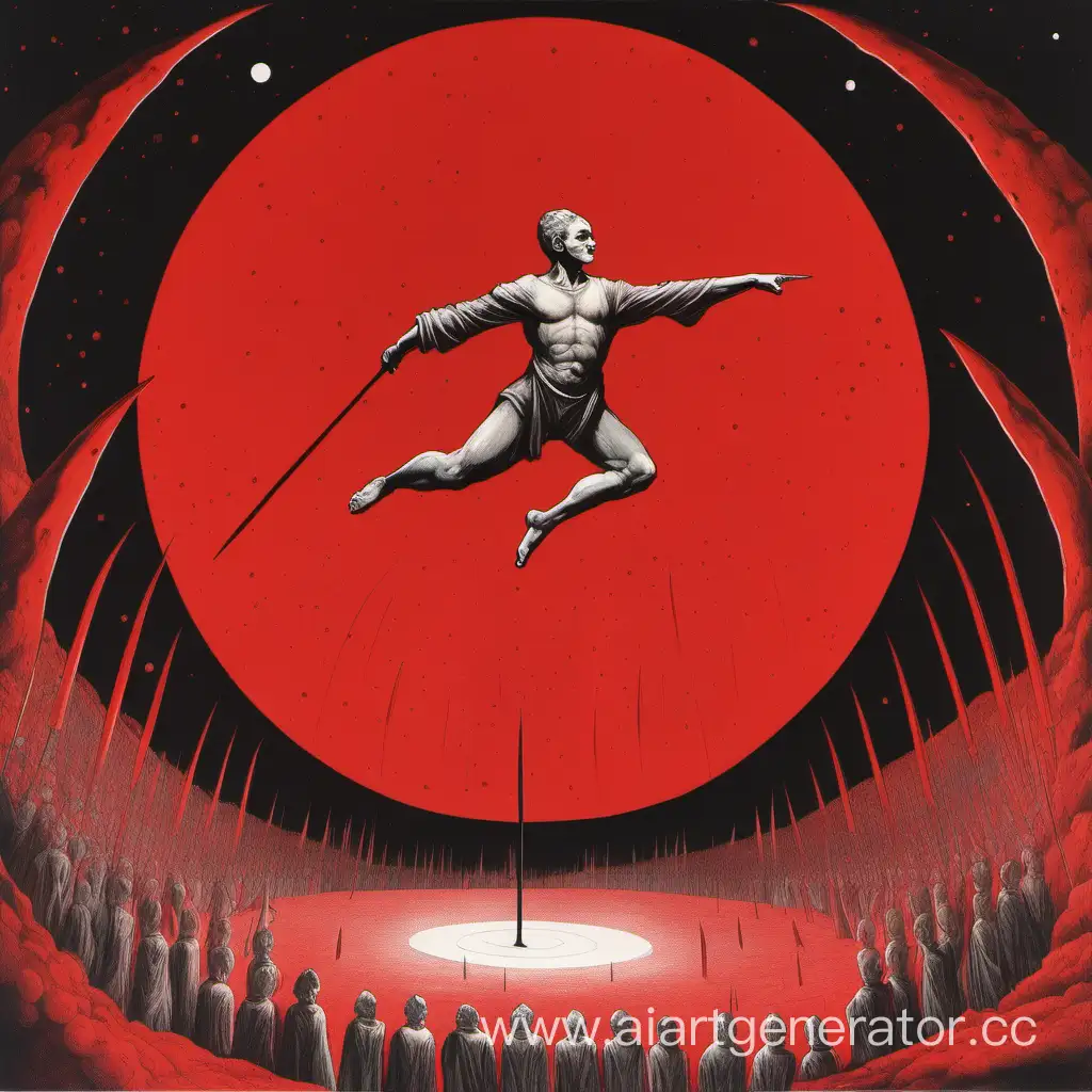 Mystical-Night-Levitating-Man-with-Revolving-Spears-under-the-Red-Full-Moon
