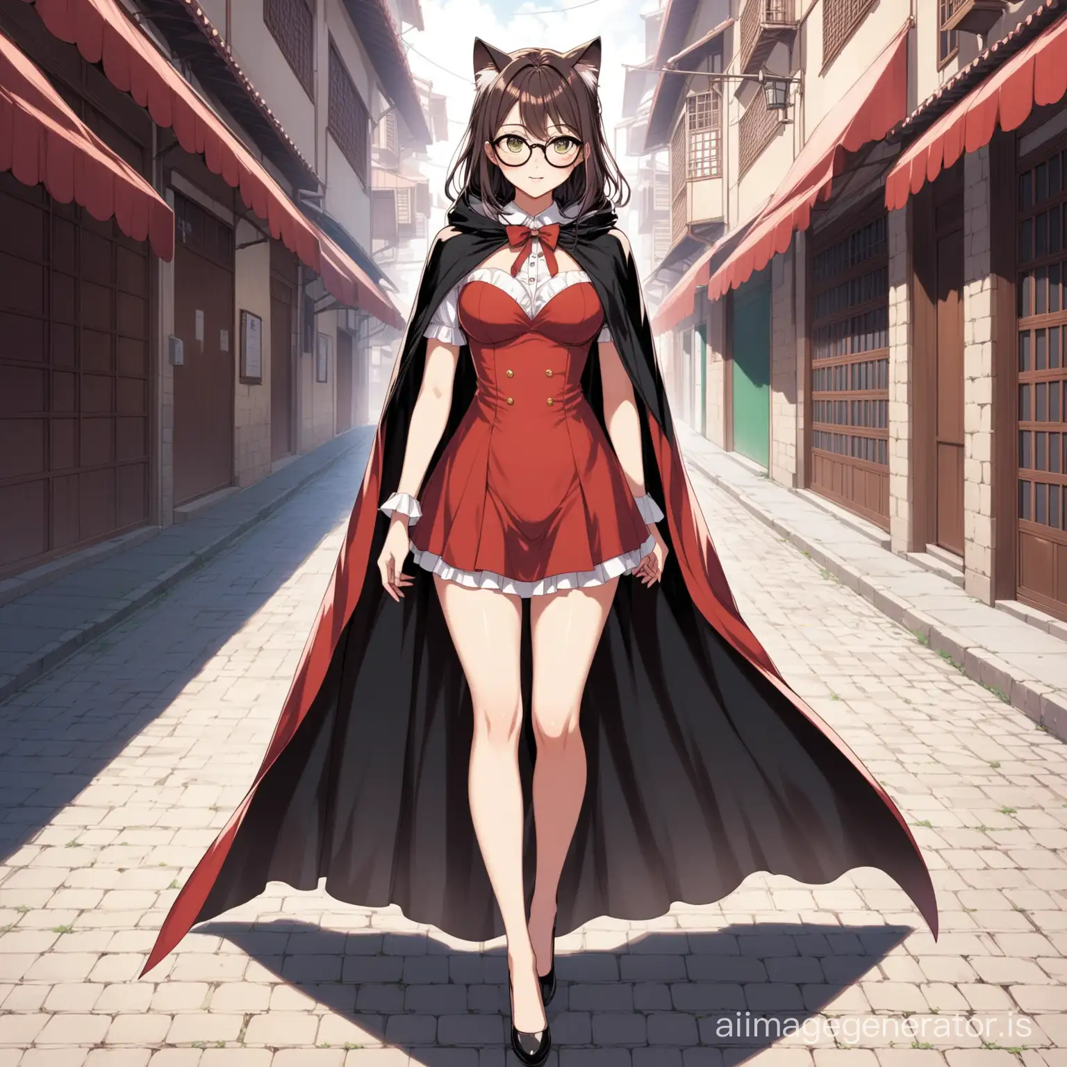 Stylish-Anime-Girl-in-Elegant-Dress-with-Cape-and-Cat-Eye-Glasses