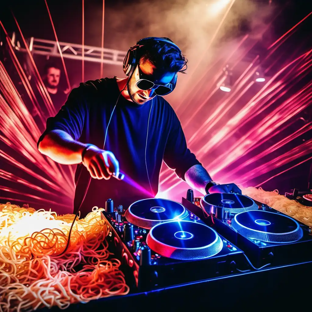 Energetic DJ Spinning Beats Amidst Dazzling Laser Lights and Noodle Cup Revelry
