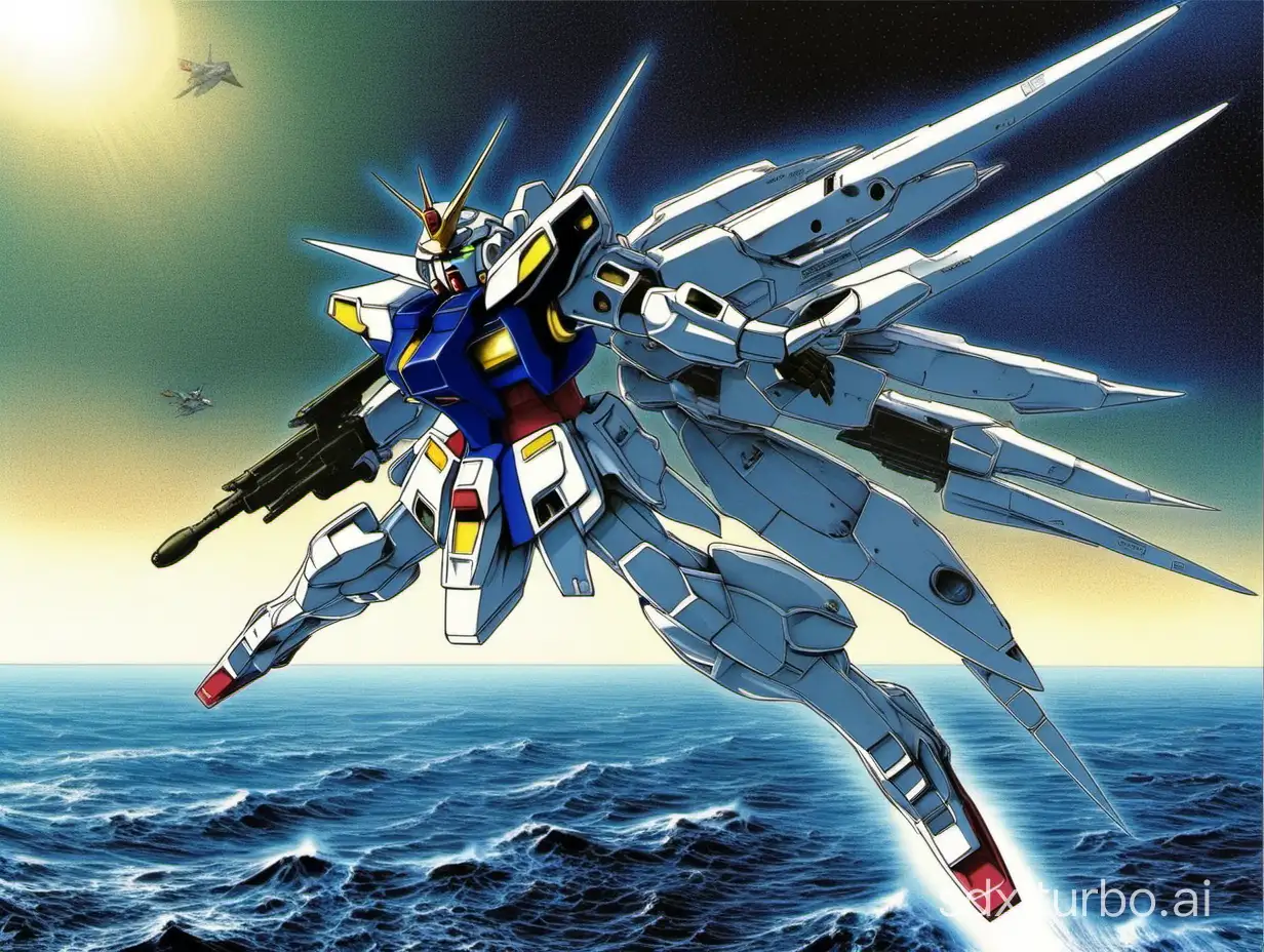 In the deep sea, a Gundam resembling the first aircraft is advancing