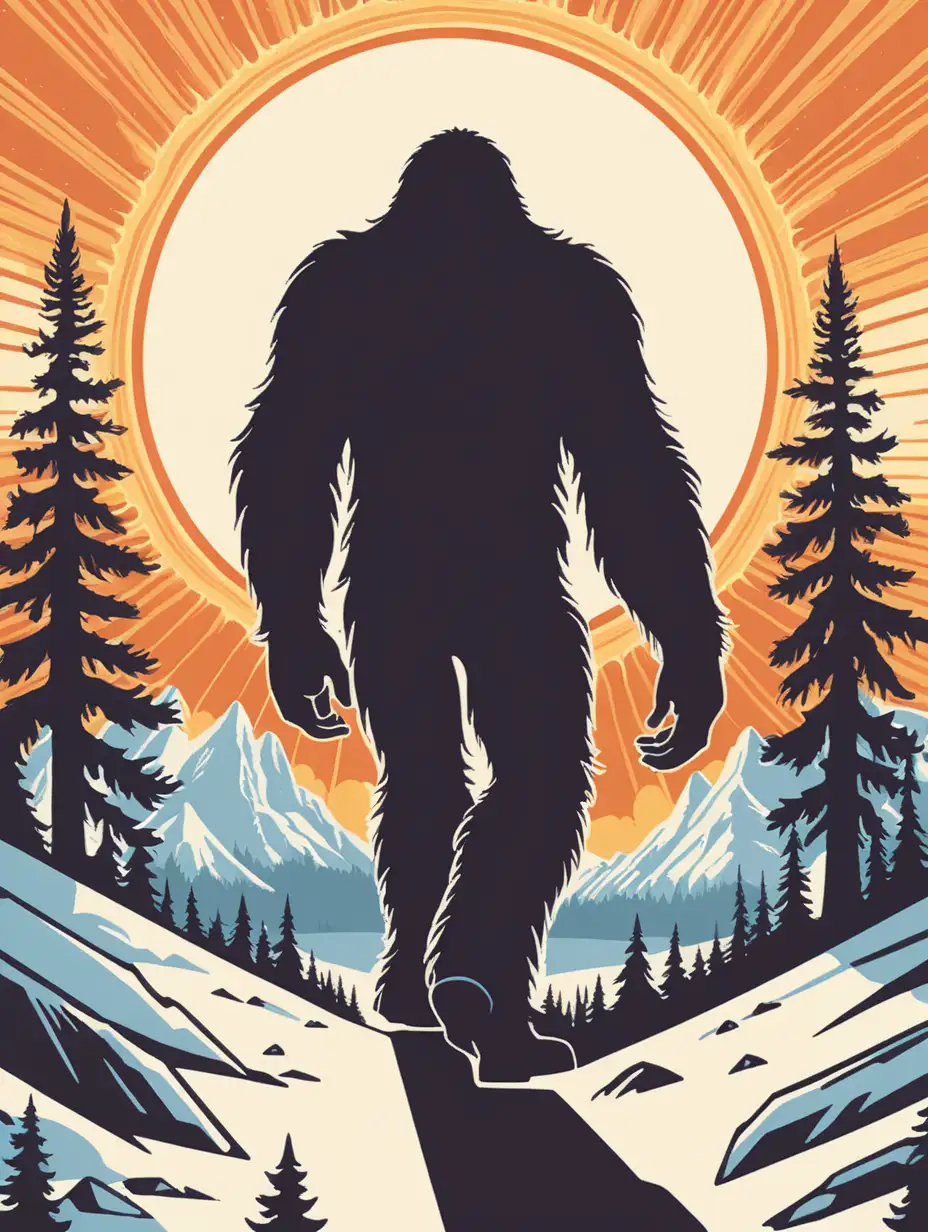 Retro Walking Sasquatch with Sky Ring of Fire Illustration