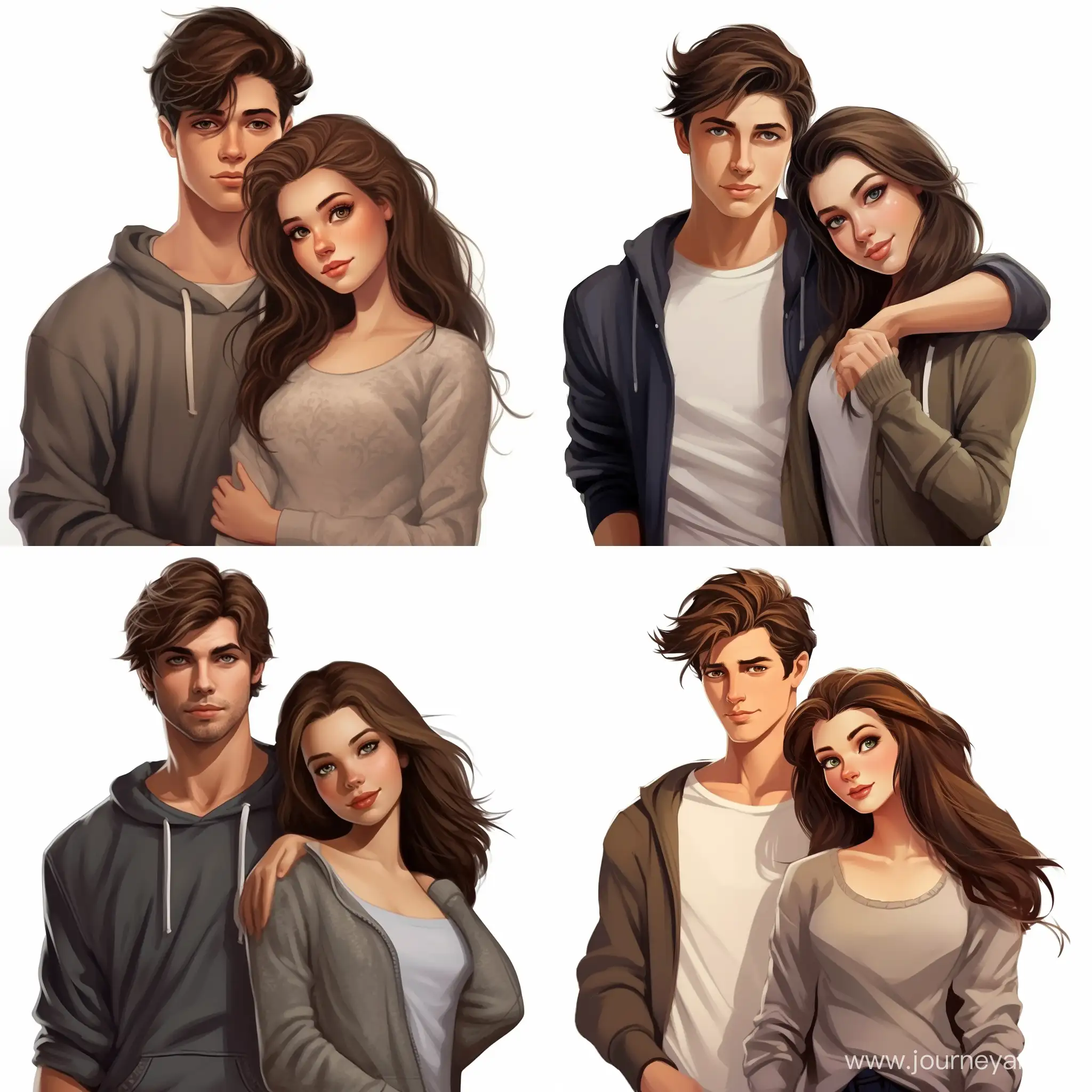 Beautiful couple, funny, boyfriend and girlfriend, lovers, teenagers, girl: beautiful girl, straight dark hair, expressive green eyes, snow-white skin, sweatshirt and jeans; guy: handsome brunette, gray eyes, T-shirt and jeans; high quality, high detail, cartoon art