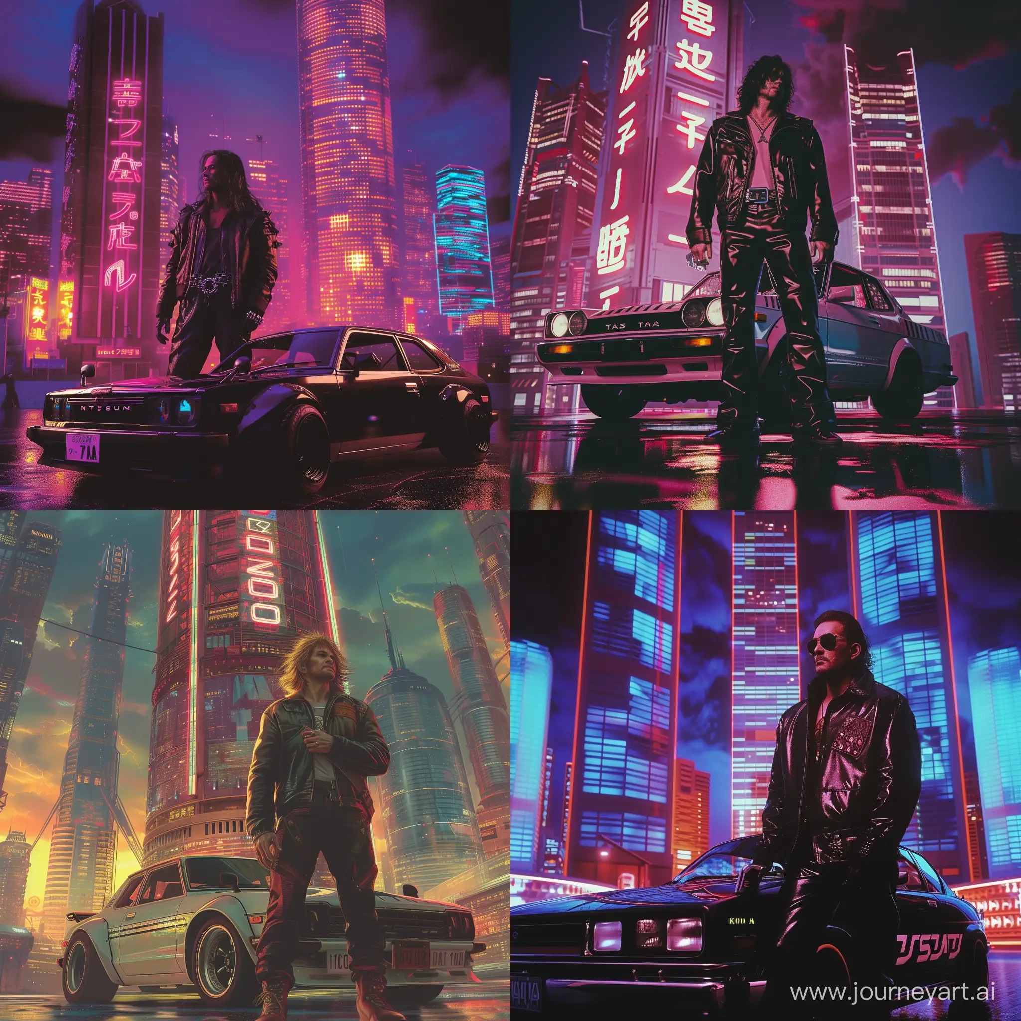 hard rocker dude standing in front of datsun 100a with a skyscraper neon cyperpunk city in the background. 1990´s style