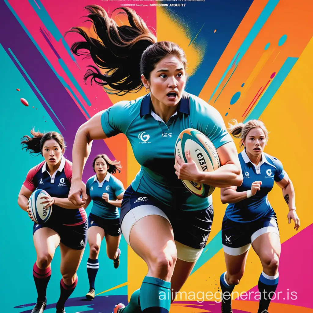  A striking movie poster for "The Art of RUGBY" features a diverse group of RUGBY WOMEN icons, each holding a unique work of art that symbolizes their respective movements and struggles. The background is an energetic and bold color palette, with a mix of abstract and realistic art styles. The overall atmosphere of the poster is inspiring and empowering, as it celebrates the power of art and creativity in the face of adversity. 