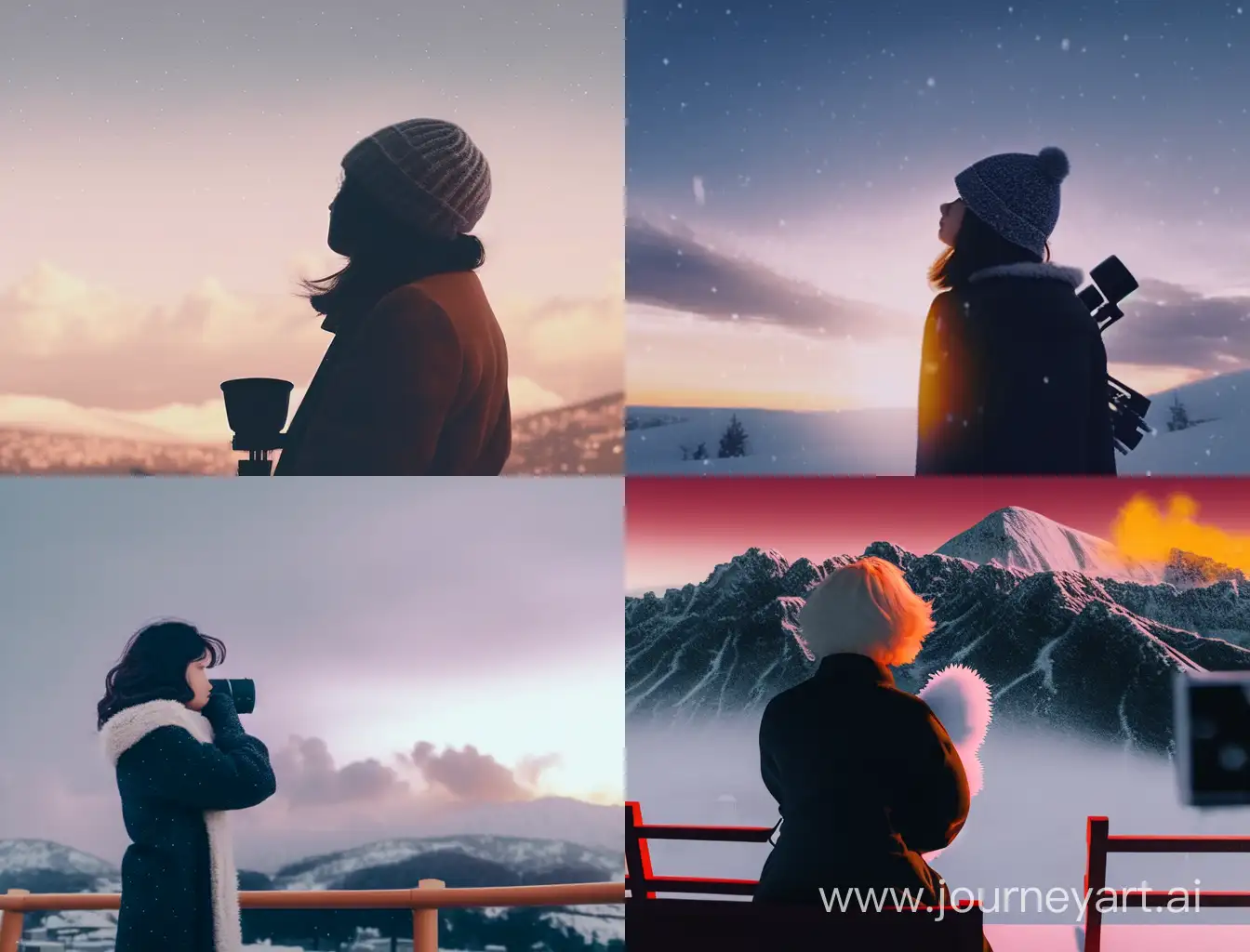 woman watching the end of the world sunrise snowing cinematic stills of Fellini minimalist film masterpiece 
