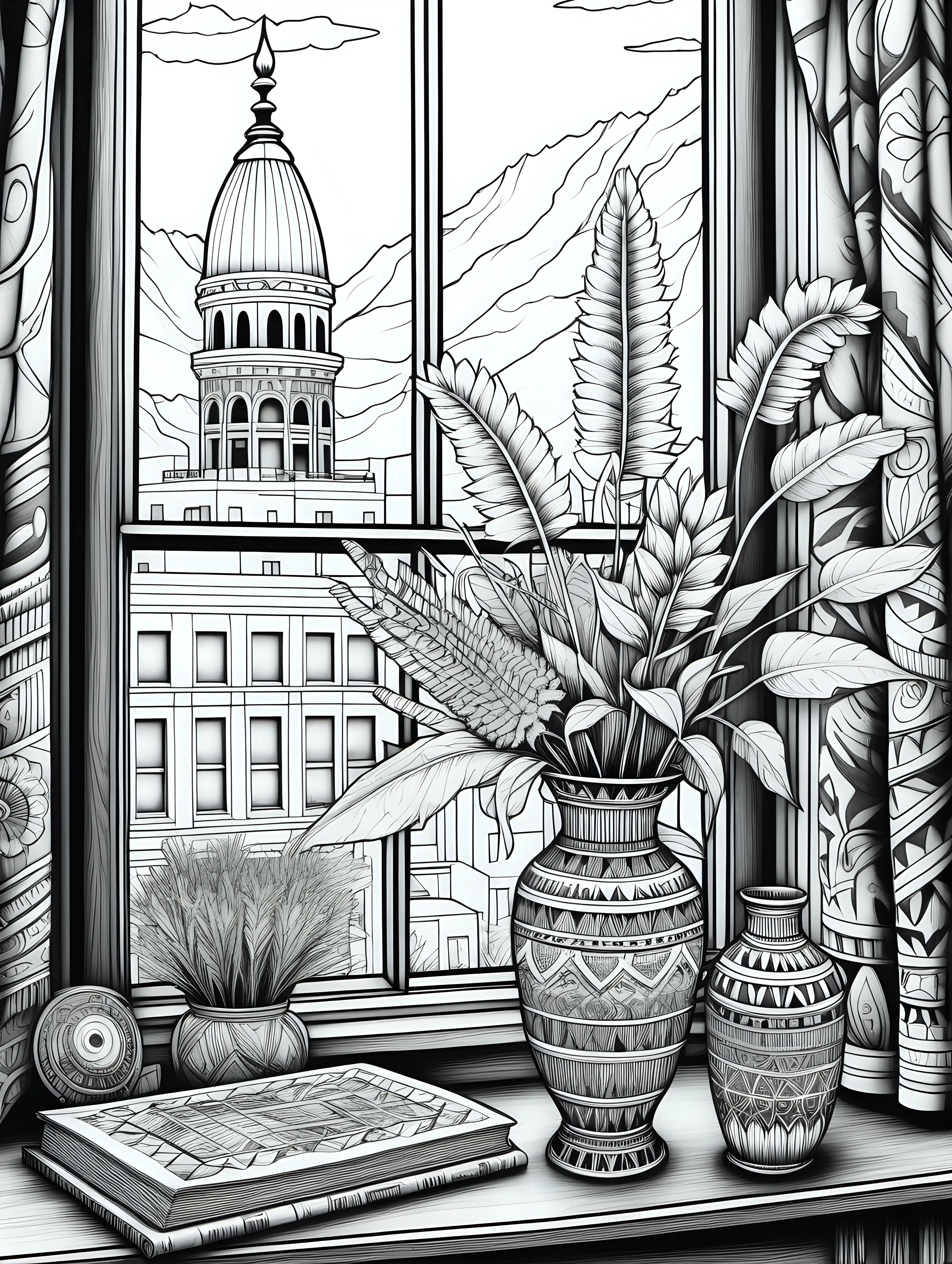 black and white, adult coloring book style, highly detailed, tall flower arrangements with native indian flowers and decorative items, vase sitting on the right side of a table in front of a window, window scene includes indian buildings 