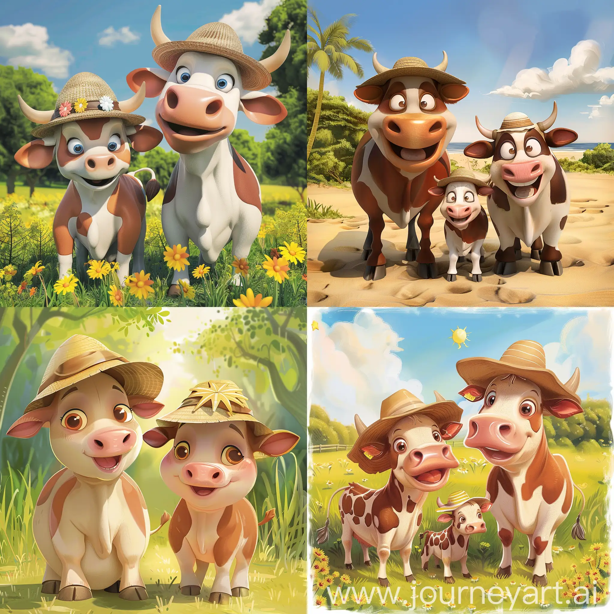 2 funny cows, a calf, sublimation, animated, with sunhats on