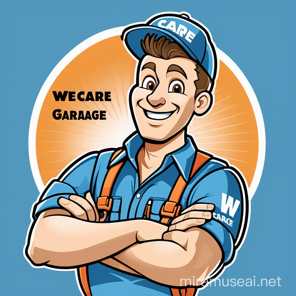 Develop a mascot logo for "WeCare Garage Repair." The mascot, a 30-year-old man, symbolizes care and dedication. He wears attentive work attire, depicted in a pose suggesting care, and wears a gentle smile. Background elements like tools or a garage scene enhance the message of professionalism and empathy.