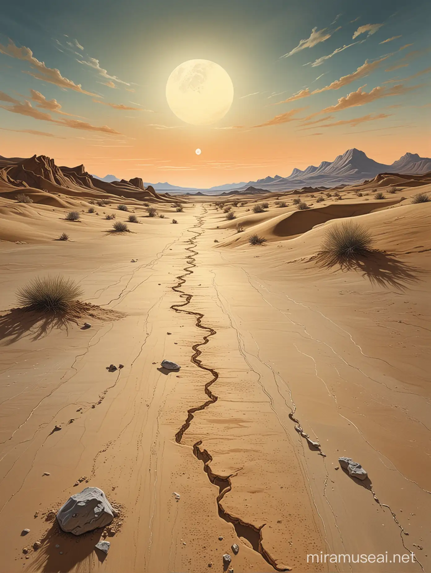 Surreal Desert Landscape with Pale Moon Inspired by Salvador Dalis The Persistence of Memory