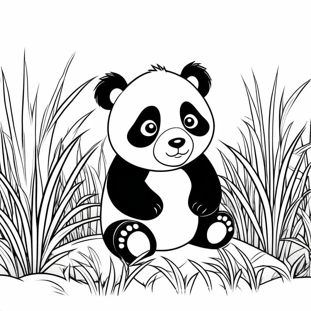 cute panda in a grassy field, Coloring Page, black and white, line art, white background, Simplicity, Ample White Space. The background of the coloring page is plain white to make it easy for young children to color within the lines. The outlines of all the subjects are easy to distinguish, making it simple for kids to color without too much difficulty
