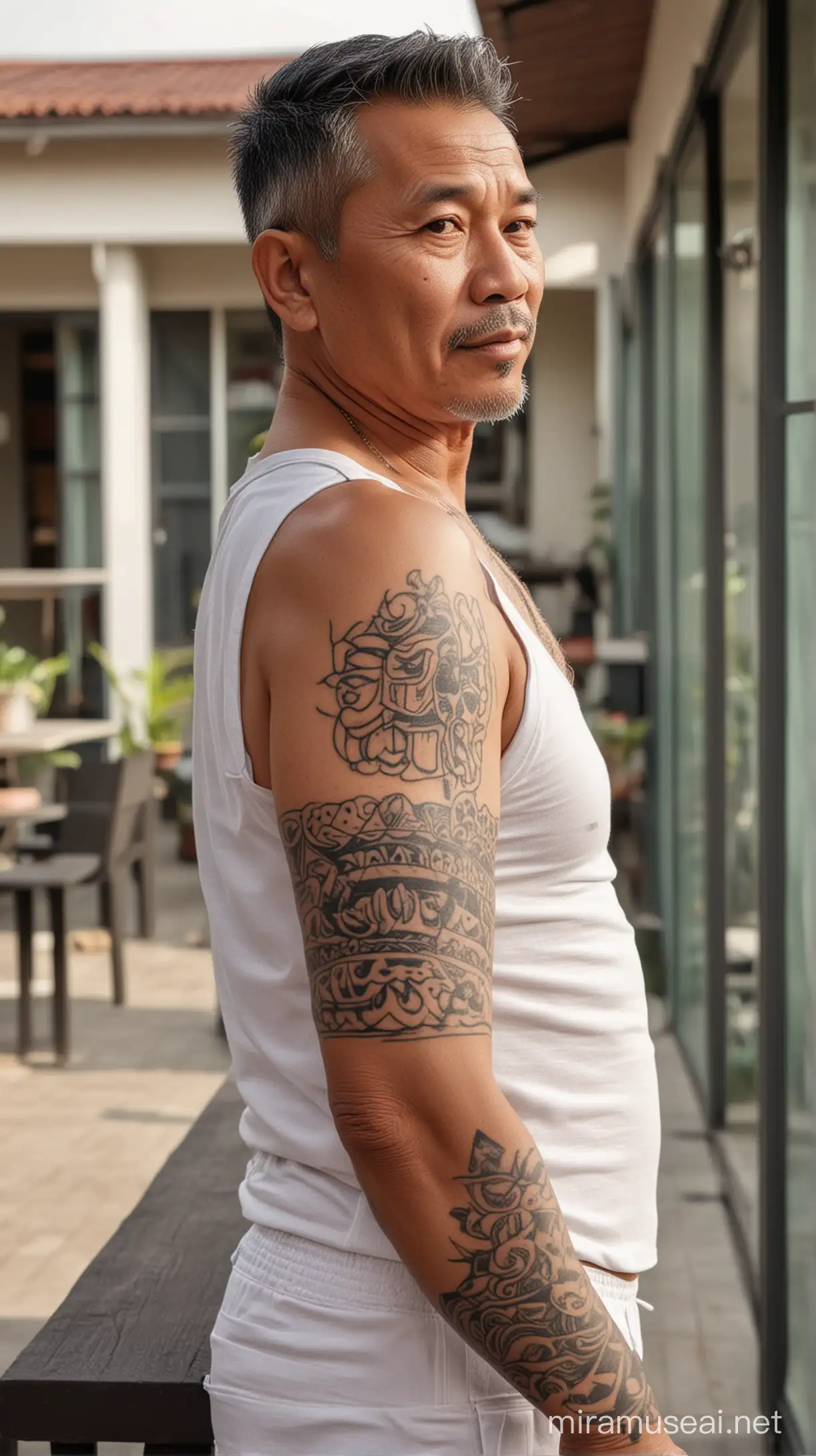Mature Indonesian Man in White Tank Top Standing on House Terrace