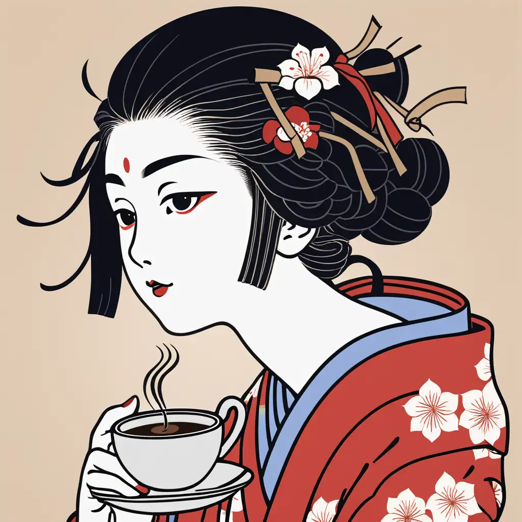 Ukiyoe Style Face Up Portrait with Coffee on Simple Background