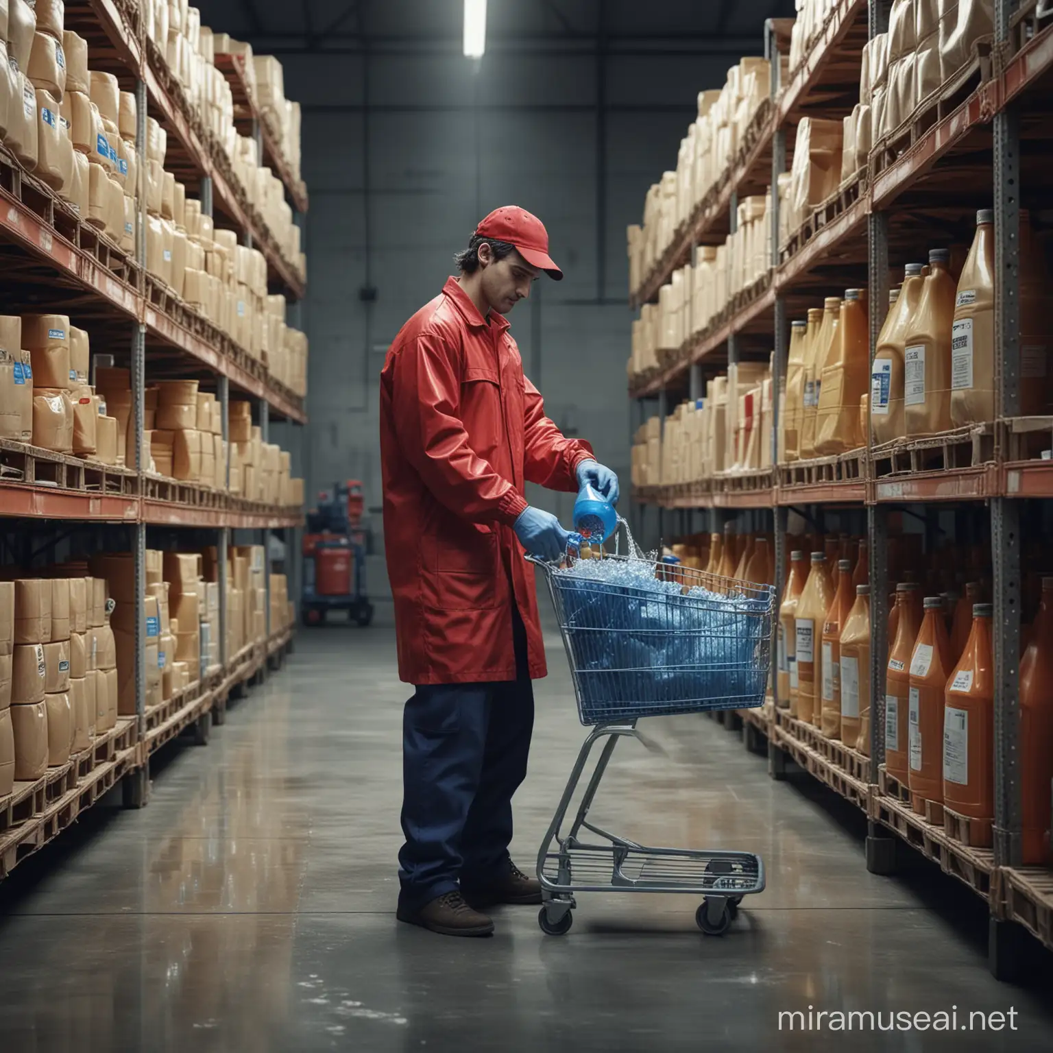 retail worker dressed in red, in a warehouse holding a bottle and pouring blue liquid. The liquid is blue. the liquid is now over food, cheese and fish in a  shopping cart. 
photorealistic, intricately detailed, film, grain, 