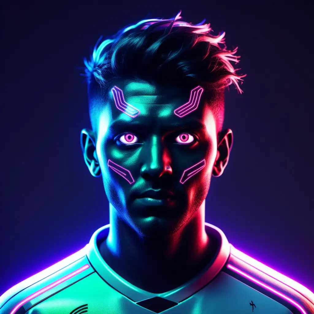 player avatar. futuristic soccer player. neon ambiance. white eyes