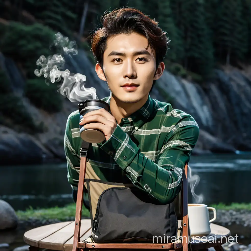 Handsome young Korean man with a handsome face, wearing a green flannel shirt, black pants and white shoes.  Sit on a portable folding chair in front of the tent.  Next to it is a magic pot with hot coffee and a saucepan on a portable folding table.  Located on the banks of the American River, with a backdrop of tall forested mountains, the surrounding grass is very green and fresh.  White clouds in the sky, minimal light.  Ultra HD, Real Photo, High Definition, Very Sharp, 18mm Lens, Real, Photo, Leica Camera