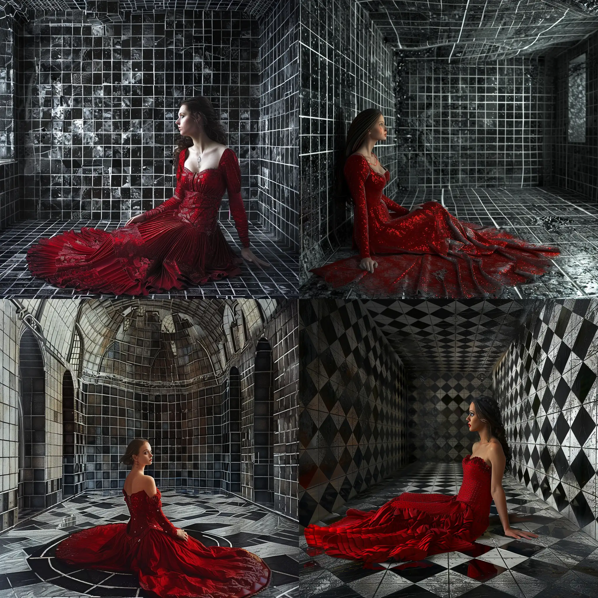 A highly detailed image of a beautiful medieval woman in a  red dress sitting on the floor in a black and white tiled room. The walls and ceiling are also black and white tiled. . Beautiful magical mysterious fantasy surreal highly detailed  