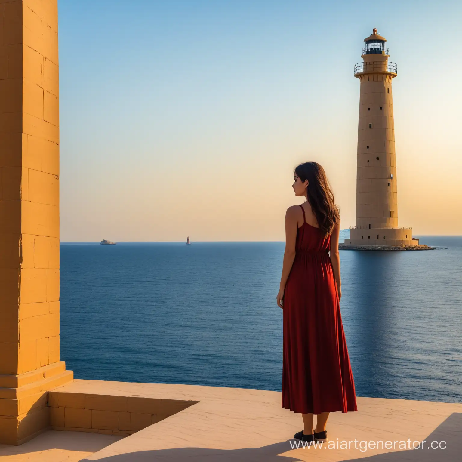 Modern-Girl-Contemplates-Ancient-Pharos-Lighthouse-in-Alexandria