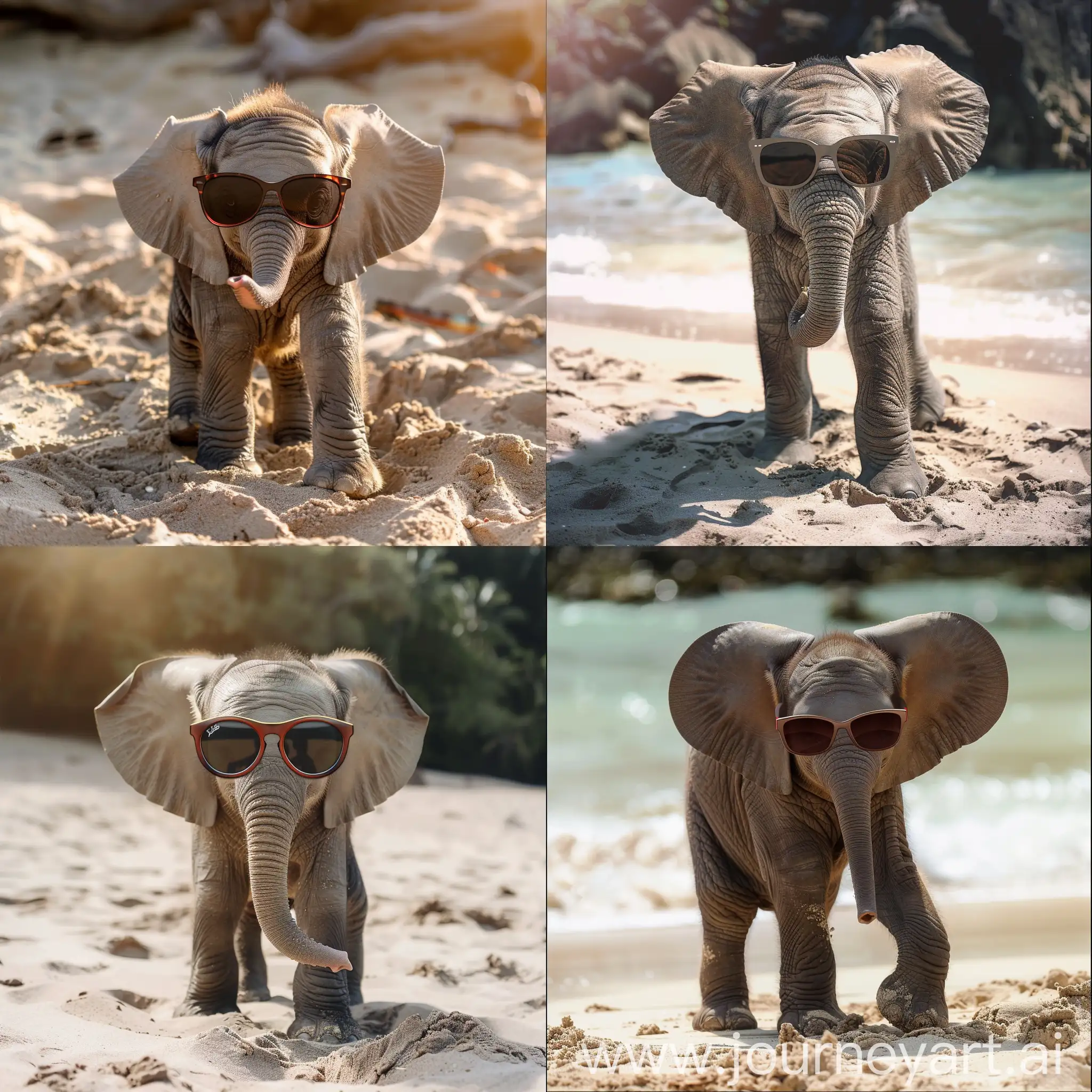 A baby elephant with sunglasses in the hawaii beach