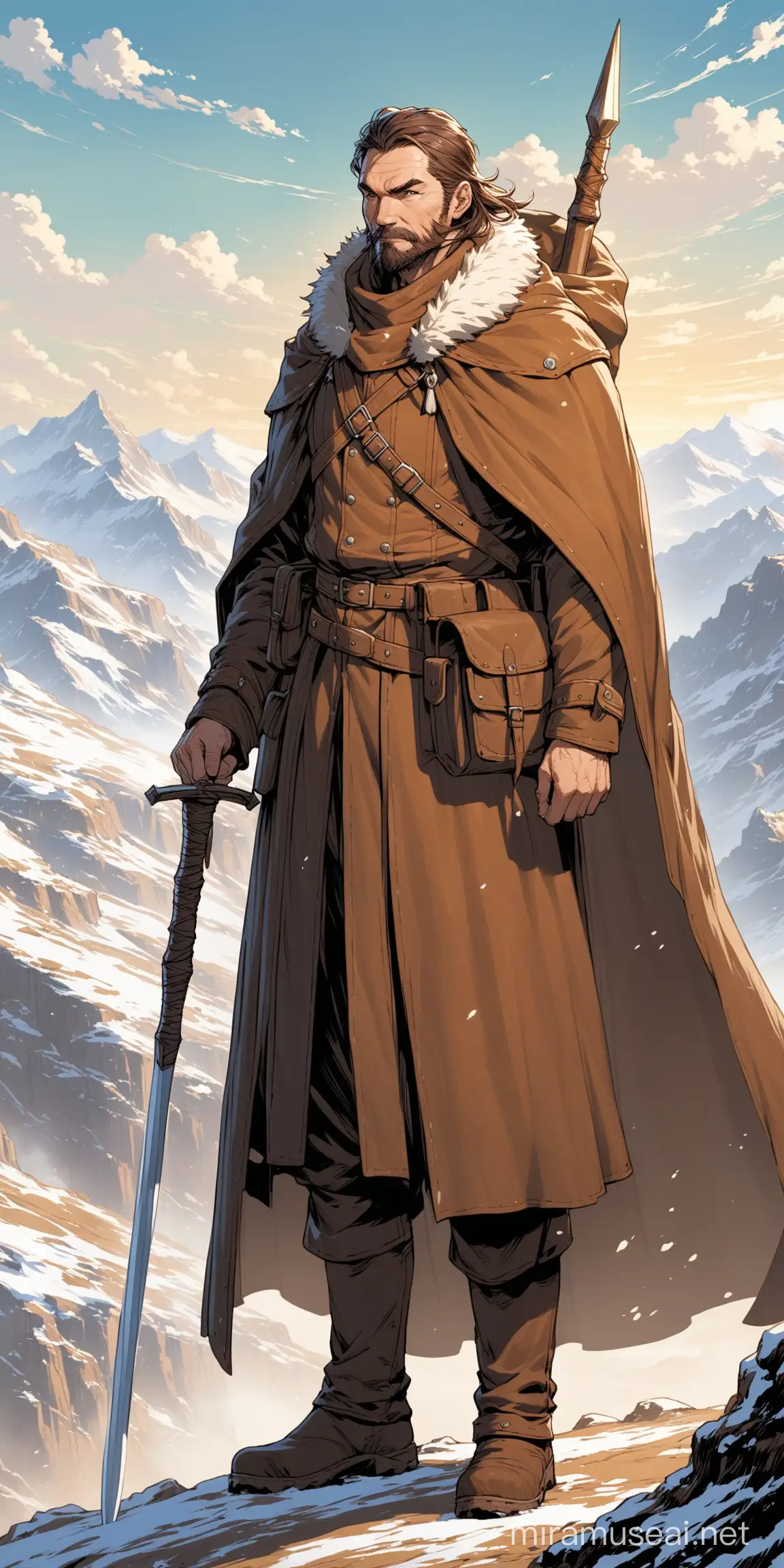 concept art of a seasoned trailmaster, standing tall and confident amidst a rugged wilderness. He wears weather-worn leather garments, a cloak billowing in the wind behind him. His face is weathered with lines of experience, and his eyes gleam with determination. In one hand, he holds a sturdy staff, while the other rests casually on the hilt of his trusty sword