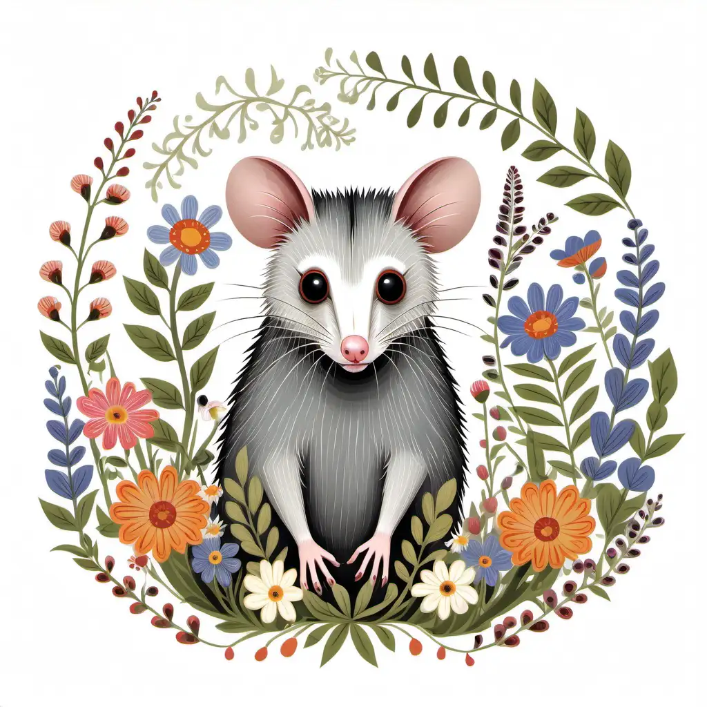folk art illustration of a possum, surrounded with wildflowers, white background