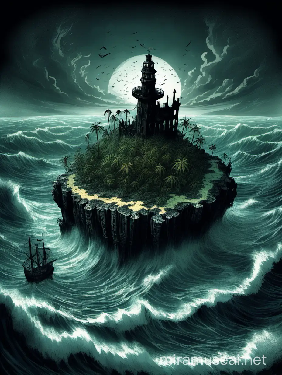 a small island in the middle of a choppy sea, not to much details on the island more black,
 lovecraft style