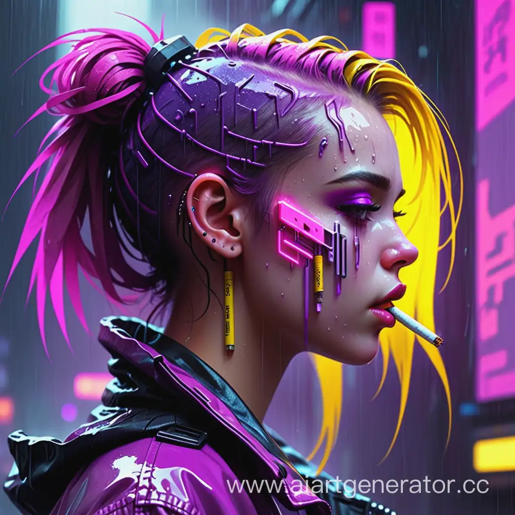 Арт лица девушки в профиль, киберпанк стилистика, 
дождь, розовый и фиолетовый цвета преобладают, есть желтые оттенки, сигарета во рту 1000x1000
