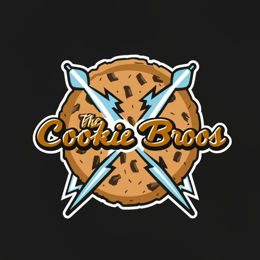 a logo design,with the text 'The cookie bros', main symbol:Cookie guitar drumsticks lightningbolts,Moderate,clear background
